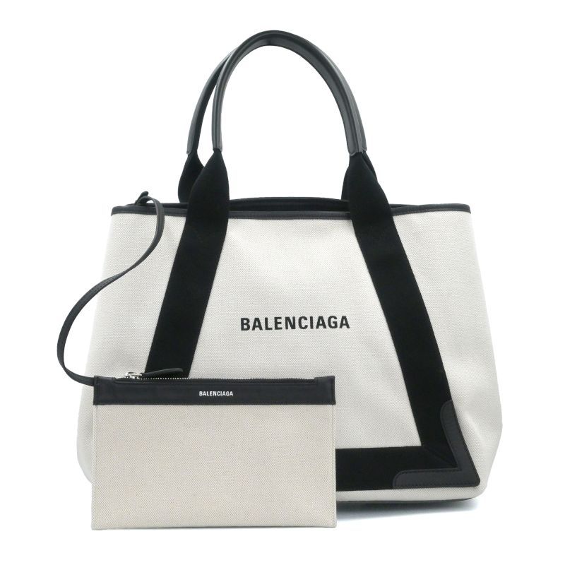 BALENCIAGA - [返品OK] バレンシアガ ネイビーカバスM 581292 コットン カーフスキン ホワイト ブラック トートバッグ Navyカバ 肩掛けトート 黒 白 【中古】【送料無料】