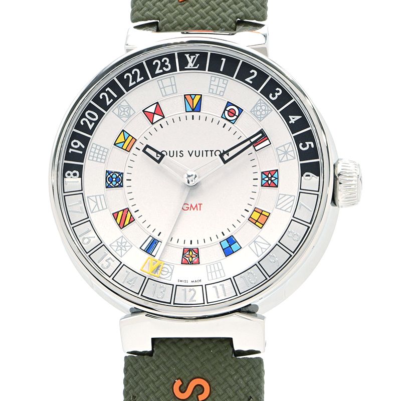 [3年保証/返品OK] ルイヴィトン メンズ タンブールムーン デュアルタイム QA096Z 電池交換済 GMT シルバー文字盤 クオーツ 腕時計【中古】【送料無料】