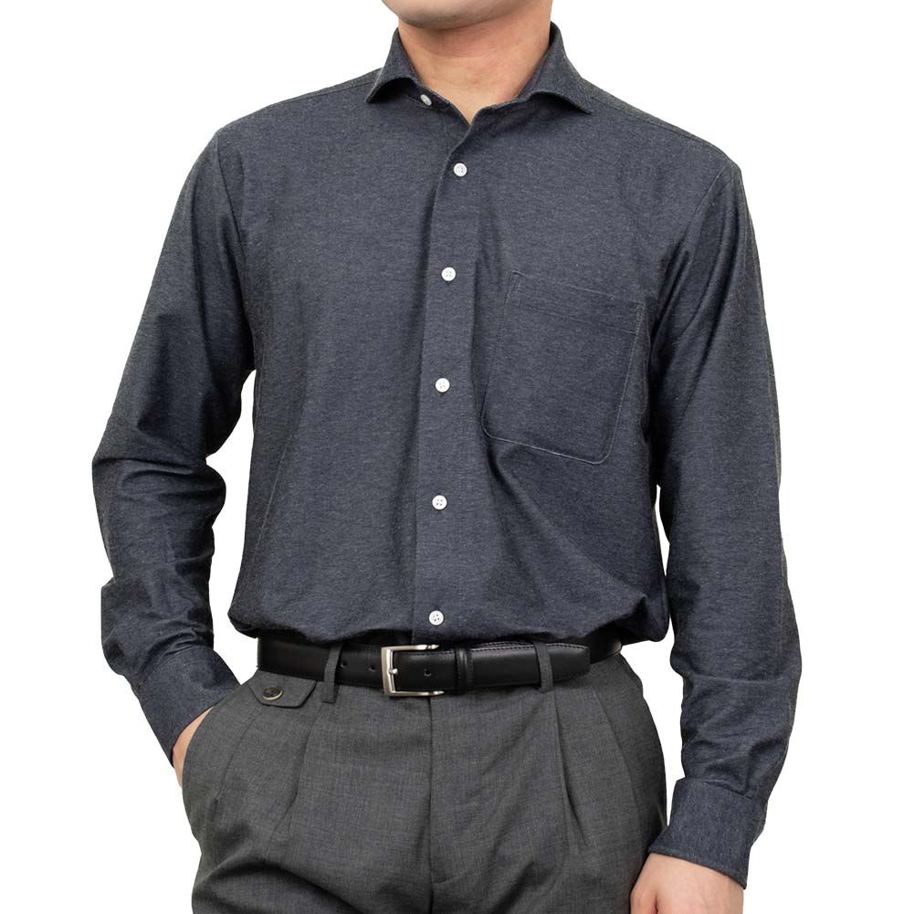 ビジカジ デニム調 長袖 ニットシャツ ダークネイビー 紺 ストレッチ アルティマ カジュアル オフィスカジュアル 2512CL 2601tf