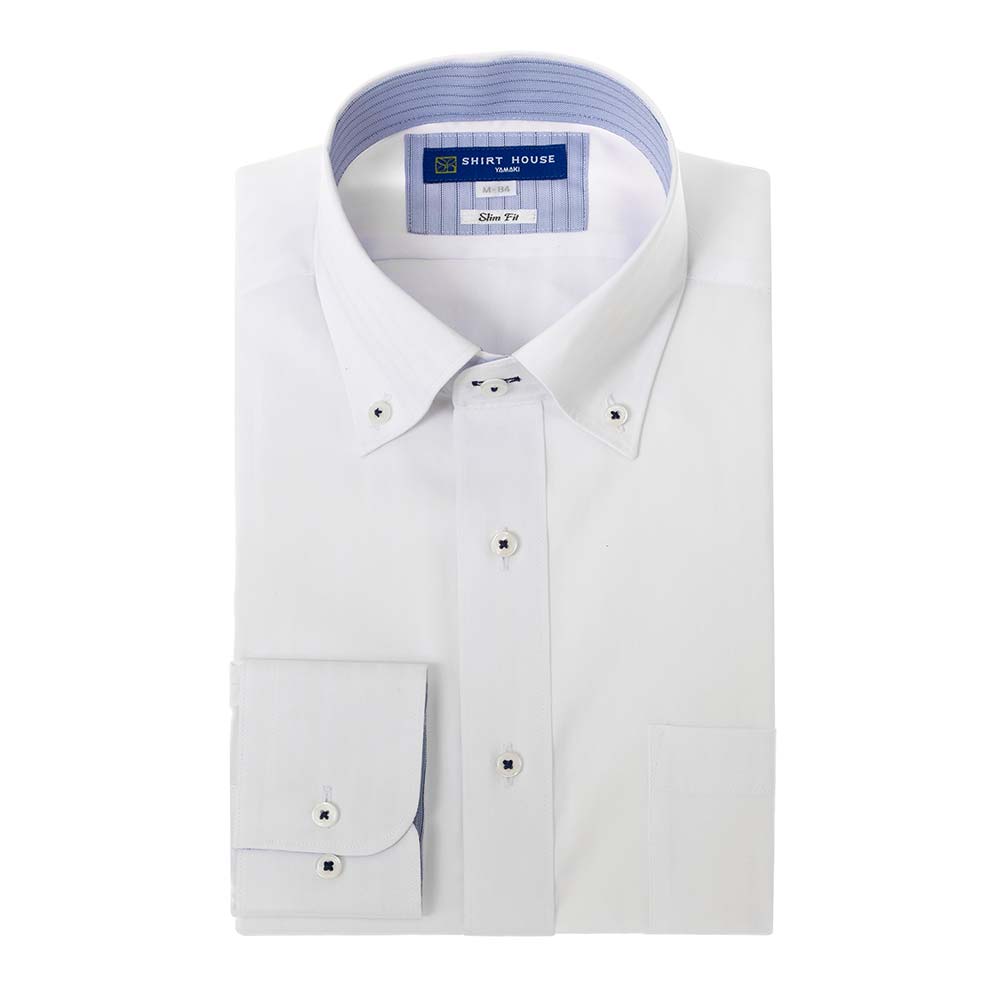 ワイシャツ 形態安定 長袖 白 ホワイト ドビー ボタンダウン スリム 細身 シャツハウス メンズ ドレスシャツ 24FA