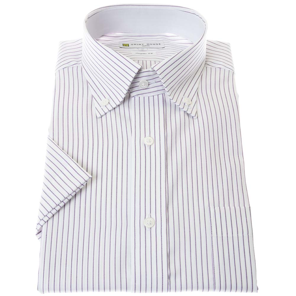 ワイシャツ 形態安定 半袖 夏 パープルストライプ 紫 ボタンダウン レギュラー フィット シャツハウス メンズ カッターシャツ