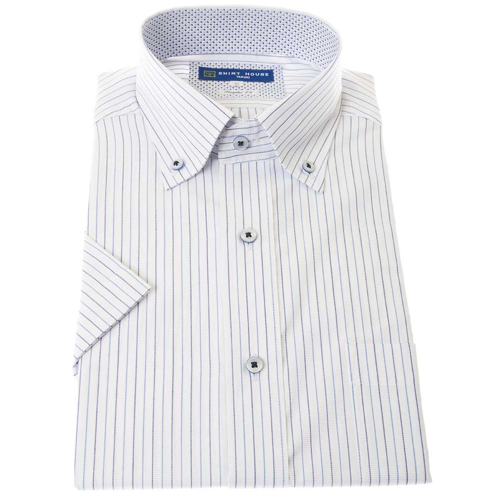 ワイシャツ 形態安定 半袖 ブルーストライプ 青 ボタンダウン レギュラー フィット 消臭 吸水速乾 シャツハウス メンズ 24FA 2405ft
