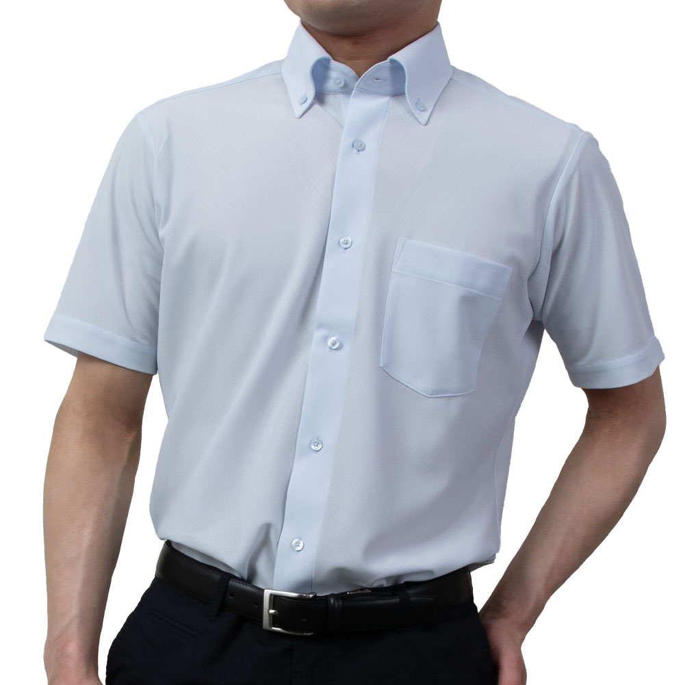 ワイシャツ ニット 半袖 ノーアイロン 消臭 吸水速乾 ストレッチ ブルー 青ボタンダウン スリムフィット 半袖 メンズ Yシャツ ビジカジ クールビズ 2506CL