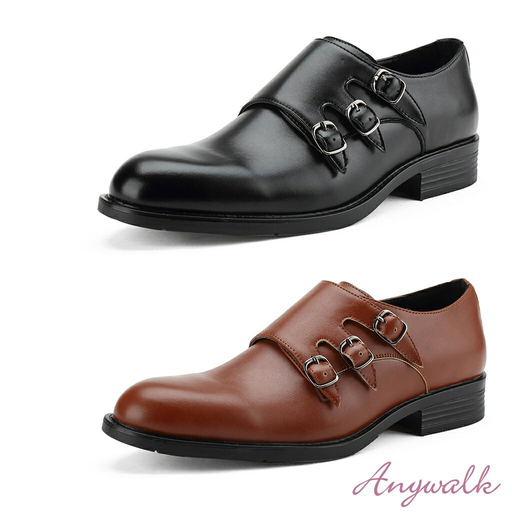 メンズ プレーントゥ トリプルモンクストラップシューズ [エニーウォーク] Anywalk 16124 【あす楽対応】