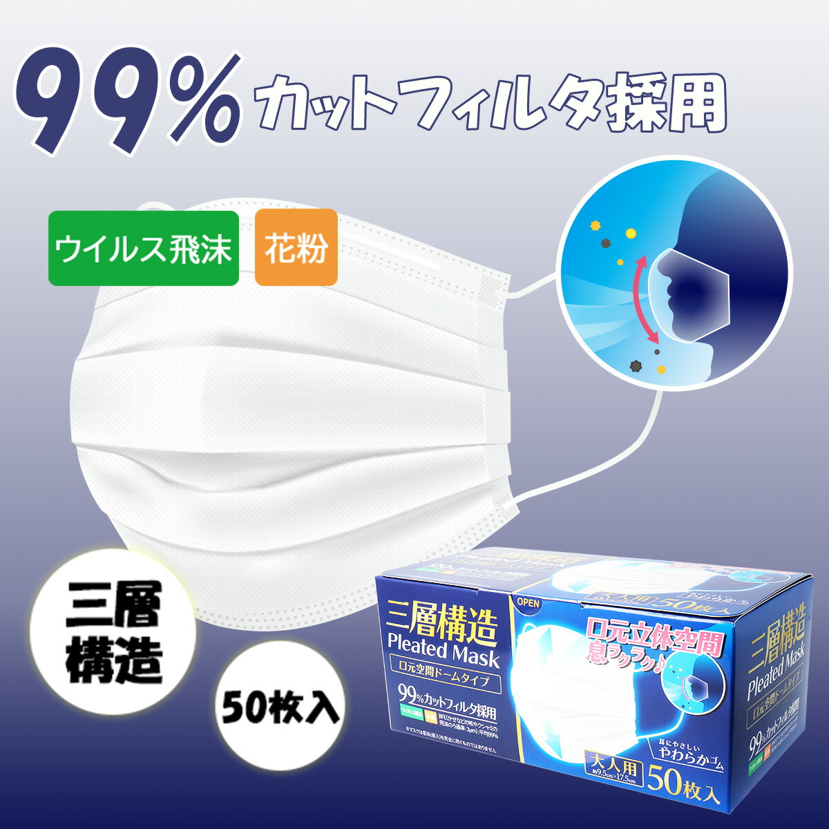 【ケース販売 2400枚セット(50枚入り×48箱)】【全国マスク工業会認証品】三層構造 口元空間ドーム型マスク 立体プリーツ型 大人用 普通 ふつうサイズ 50枚入 白 ホワイト 検査合格品 柔らか平ゴム採用【送料無料】