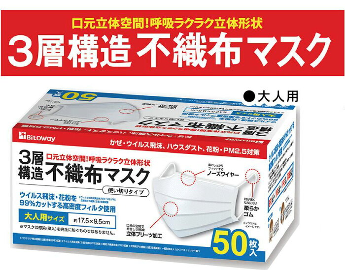 【ケース販売 3600枚(50枚入×72箱)】【送料無料】【JHPIA全国マスク工業会認証品】 99％カットフィルター PFE 不織布 三層構造 使い捨て 高品質マスク 大人用レギュラーサイズ 白 ウイルス予防除去対策 ソフトゴム使用快適肌触り さらふわ 非医療用【日本国内メーカー製品】