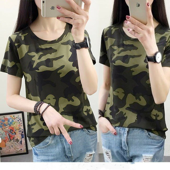 Rakuten - Tシャツ ラウンドネック 迷彩柄 女性用 カットソー カモフラージュ ティーシャツ 薄手 ラウンドネック 半袖Tシャツ Tシャツ