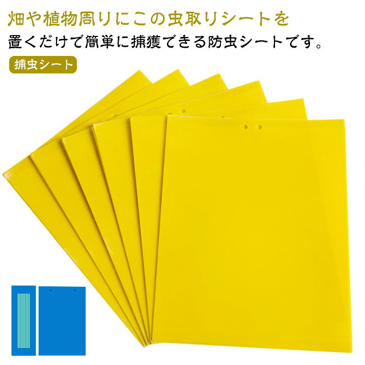 捕虫シート。畑や植物周りにこの虫取りシートを置くだけで簡単に捕獲できる防虫シートです。大容量の50枚セットなので、農家の方々にもおすすめです。無農薬野菜、無農薬栽培をされている方にも。一度虫が粘着に貼りついたら逃げ出すことはできない防虫トラップです。ビニールハウスの中に吊るすだけでらくらく害虫を捕獲することができます。農業分野だけでなく、家庭、キッチン、浴室などの室内環境でも使用することができます。 サイズ 20×10cm（50枚セット） サイズについての説明 サイズ：20×10cm※サイズ計測には誤差が生じます。 素材 PP（生分解性プラスチック） 色 イエロー ブルー 備考 ●サイズ詳細等の測り方はスタッフ間で統一、徹底はしておりますが、実寸は商品によって若干の誤差(1cm～3cm )がある場合がございますので、予めご了承ください。 ●製造ロットにより、細部形状の違いや、同色でも色味に多少の誤差が生じます。 ●パッケージは改良のため予告なく仕様を変更する場合があります。 ▼商品の色は、撮影時の光や、お客様のモニターの色具合などにより、実際の商品と異なる場合がございます。あらかじめ、ご了承ください。 ▼生地の特性上、やや匂いが強く感じられるものもございます。数日のご使用や陰干しなどで気になる匂いはほとんど感じられなくなります。 ▼同じ商品でも生産時期により形やサイズ、カラーに多少の誤差が生じる場合もございます。 ▼他店舗でも在庫を共有して販売をしている為、受注後欠品となる場合もございます。予め、ご了承お願い申し上げます。 ▼出荷前に全て検品を行っておりますが、万が一商品に不具合があった場合は、お問い合わせフォームまたはメールよりご連絡頂けます様お願い申し上げます。速やかに対応致しますのでご安心ください。