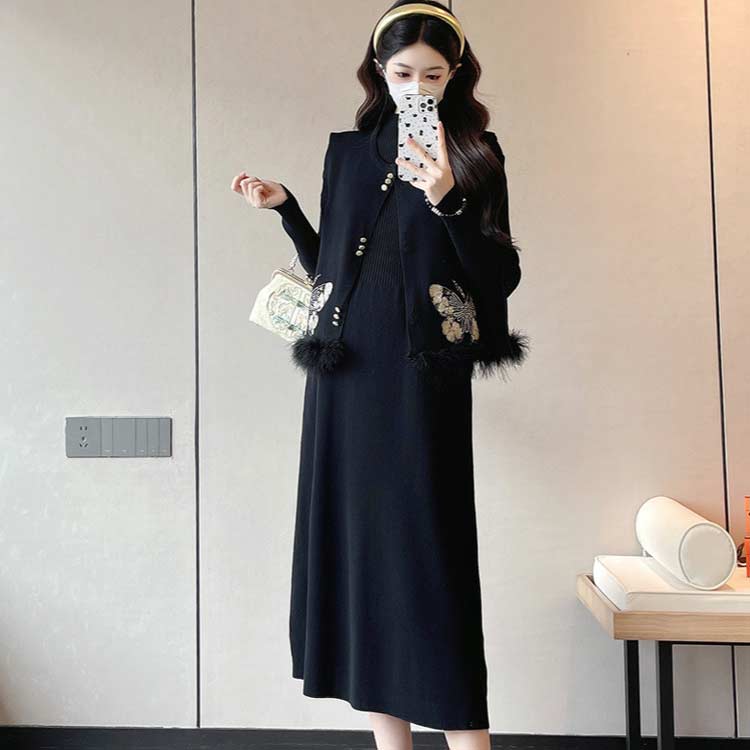 授乳口付き ニットセット ベスト+ワンピースの2点セット ニットワンピース 授乳口付きワンピース 授乳服 マタニティワンピース ニットワンピース 産前 産後 レイヤード 秋 冬 秋冬 黒 ブラック 送料無料