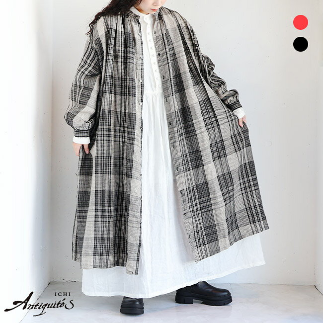 【新作】iCHi Antiquites(イチアンティークス)リネンビックチェックシャツドレスワンピース(RED)(BLACK)（全2色）レディース(F)ソノリ..