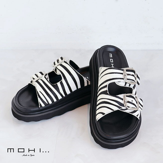 【新作】MOHI（モヒ）ダブルバックルハラコレザーサンダル(ゼブラ)(全1色)(35)(36)(37)(38)(レディース)ソノリテ（sonorite) カジュアル　サンダル　ブラック　黒白　レザー　ラバー　shoes　sandals　 歩きやすい　スポーティ　個性的　柄サンダル　1902432-po