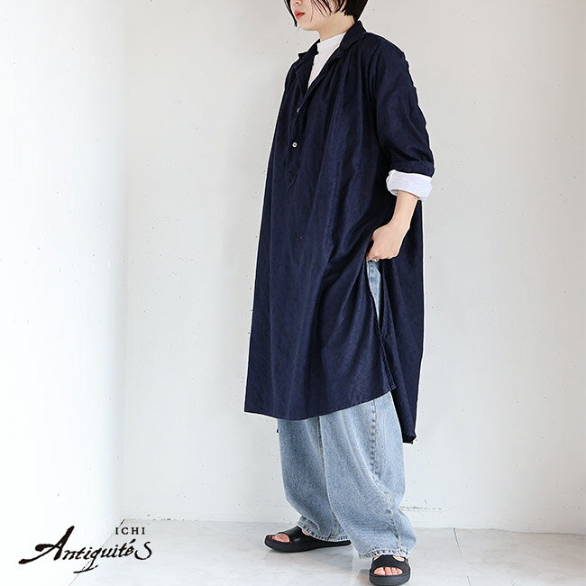 iCHi Antiquites(イチアンティークス)ヴィンテージフレンチコットンプルオーバーロングシャツ　901126(ネイビー)（全1色）レディース(F)ソノリテ（sonorite)長め丈シャツ　ナチュラル　ナチュラン　重ね着　高品質　ブラウス　ロング丈