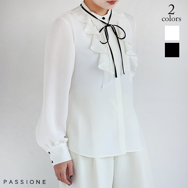 PASSIONE(パシオーネ)フリルピンタック細リボンブラウス　 616918(オフホワイト)(ブラック)（全2色）レディース(F)ソノリテ（sonorite)定番　人気　ブラウス　オフィスコーデ　オケージョン　結婚式　入卒