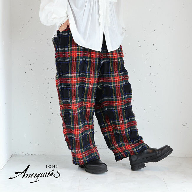 【新作】iCHi Antiquites(イチアンティークス)TARTAN CHECK PANTS タータンチェックパンツ　1100325(BLACK)（全1色）レディース(F)ソノリテ（sonorite)ナチュラン　ウール　イチ　秋　冬　クロ　ブラック　赤　おしゃれ