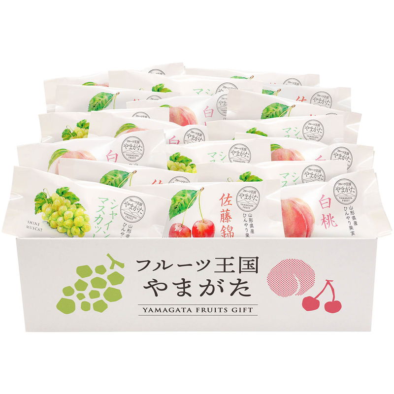 山形県産の佐藤錦・シャインマスカット・白桃の食べ頃の美味しさをそのまま急速冷凍で閉じ込めたフローズンデザートです。シャリッとした食感、トロッとした口溶けをお楽しみいただけます。個包装なので、食べたい時に少しずつお召上がりいただけます。■商品名:フルーツ王国やまがた ひんやり果実■商品説明:佐藤錦2入×6袋、白桃2入×7袋、シャインマスカット1入×5袋(計18)■箱サイズ:18×27×9cm・約400g■型番:HF-FYA■JANコード:4570052157855■製造生産地:山形県(加工地)■賞味期限:製造日より冷凍365日■アレルゲン7品目:もも■重さ:約400g商品特徴一覧2026年 産直ギフト、【産地直送・お取り寄せグルメ → スイーツ → 洋菓子】、apide、アピデ、[2025stb]、2026年、令和8年、春夏、御中元、お中元、暑中見舞い、暑中お見舞い、暑中御見舞い、残暑見舞い、残暑お見舞い、残暑御見舞い、お歳暮、御歳暮、お年賀、御年賀、ギフト、内祝い、プレゼント、お返し、お祝い、ギフト、贈り物、のし、ラッピング、4570052157855、通信販売、通販、販売、買う、購入、お店、売っている、ショッピング2026年 産直ギフト【フルーツ王国やまがた ひんやり果実 (HF-FYA)】広告文責(有)イースクエアTEL:0120-532-772山形県産の佐藤錦・シャインマスカット・白桃の食べ頃の美味しさをそのまま急速冷凍で閉じ込めたフローズンデザートです。シャリッとした食感、トロッとした口溶けをお楽しみいただけます。個包装なので、食べたい時に少しずつお召上がりいただけます。■商品名:フルーツ王国やまがた ひんやり果実■商品説明:佐藤錦2入×6袋、白桃2入×7袋、シャインマスカット1入×5袋(計18)■箱サイズ:18×27×9cm・約400g■型番:HF-FYA■JANコード:4570052157855■製造生産地:山形県(加工地)■賞味期限:製造日より冷凍365日■アレルゲン7品目:もも■重さ:約400g※お客さま都合による、ご注文後の[キャンセル][変更][返品][交換]はお受けできませんのでご注意下さいませ。※当店では、すべての商品で在庫を持っておりません。記載の納期を必ずご確認ください。※ご注文いただいた場合でもメーカーの[在庫切れ][欠品][廃盤]などの理由で、[記載の納期より発送が遅れる][発送できない]場合がございます。その際は、当店よりご連絡させていただきます。あらかじめご了承ください。※こちらの商品は【代金引換】でのご注文をお受けできません。※こちらの商品は【他商品との同梱】ができません。※こちらの商品はメーカー直送のため、【他商品との同梱】【代金引換でのご注文】はお受けできません。※こちらの商品はメーカー直送のため、北海道・沖縄・離島 への配送はお受けできません。※リニューアル等により パッケージ、仕様、セット内容 が変更になる場合がございます。予めご了承下さい。こちらの商品は【お取り寄せ(7〜10営業日以内に発送予定)】となります。あらかじめご了承くださいませ。