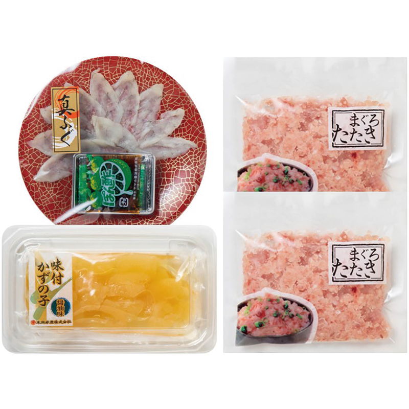 小分けパック入りで食べやすく、その日の気分で海鮮チョイス♪高級品として名高いふぐ。そんなふぐ料理の中でも代表とされるてっさ(ふぐ刺身)と、過去に水産庁長官賞を受賞した経歴を持つメーカーが製造した醤油味の味付け数の子、ミョウガや大葉などと合わせて手巻き寿司や、丼にしてもお楽しみいただける3種をセットにしました。それぞれのもつ風味豊かな味わいをどうぞご賞味ください。■商品名:海ノ幸 3種詰合せ(ふぐ刺身付き)■商品説明:ふぐ刺身20g・味付かずの子(醤油味)60g×各1、まぐろたたき80g×2■箱サイズ:21×21×7.5cm・約440g■型番:6395-35■JANコード:4548878063957■製造生産地:日本■賞味期限:冷凍30日■重さ:約440g商品特徴一覧2026年 産直ギフト、【産地直送・お取り寄せグルメ → フード → 肉】、apide、アピデ、[2025stb]、2026年、令和8年、春夏、御中元、お中元、暑中見舞い、暑中お見舞い、暑中御見舞い、残暑見舞い、残暑お見舞い、残暑御見舞い、お歳暮、御歳暮、お年賀、御年賀、ギフト、内祝い、プレゼント、お返し、お祝い、ギフト、贈り物、のし、ラッピング、4548878063957、通信販売、通販、販売、買う、購入、お店、売っている、ショッピング2026年 産直ギフト【海ノ幸 3種詰合せ(ふぐ刺身付き) (6395-35)】広告文責(有)イースクエアTEL:0120-532-772小分けパック入りで食べやすく、その日の気分で海鮮チョイス♪高級品として名高いふぐ。そんなふぐ料理の中でも代表とされるてっさ(ふぐ刺身)と、過去に水産庁長官賞を受賞した経歴を持つメーカーが製造した醤油味の味付け数の子、ミョウガや大葉などと合わせて手巻き寿司や、丼にしてもお楽しみいただける3種をセットにしました。それぞれのもつ風味豊かな味わいをどうぞご賞味ください。■商品名:海ノ幸 3種詰合せ(ふぐ刺身付き)■商品説明:ふぐ刺身20g・味付かずの子(醤油味)60g×各1、まぐろたたき80g×2■箱サイズ:21×21×7.5cm・約440g■型番:6395-35■JANコード:4548878063957■製造生産地:日本■賞味期限:冷凍30日■重さ:約440g※お客さま都合による、ご注文後の[キャンセル][変更][返品][交換]はお受けできませんのでご注意下さいませ。※当店では、すべての商品で在庫を持っておりません。記載の納期を必ずご確認ください。※ご注文いただいた場合でもメーカーの[在庫切れ][欠品][廃盤]などの理由で、[記載の納期より発送が遅れる][発送できない]場合がございます。その際は、当店よりご連絡させていただきます。あらかじめご了承ください。※こちらの商品は【代金引換】でのご注文をお受けできません。※こちらの商品は【他商品との同梱】ができません。※こちらの商品はメーカー直送のため、【他商品との同梱】【代金引換でのご注文】はお受けできません。※こちらの商品はメーカー直送のため、北海道・沖縄・離島 への配送はお受けできません。※リニューアル等により パッケージ、仕様、セット内容 が変更になる場合がございます。予めご了承下さい。こちらの商品は【お取り寄せ(7〜10営業日以内に発送予定)】となります。あらかじめご了承くださいませ。