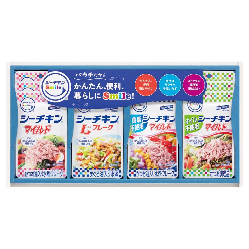 　ギフトサービスについて便利で使いやすいシーチキンSmileの詰合せです■メーカー:はごろもフーズ■商品名:シーチキンSmileギフト■セット内容:セット内容/シーチキンSmile(マイルド・オイル不使用マイルド)(各50g)×各3、シーチキンSmile(Lフレーク・食品不使用マイルド)(各50g)×2■箱サイズ:21.7×42.2×4.6cm■賞味期限:常温2年■品番:SML-20A■のし:A4■JANコード:4902560269612■本体重量:1kg商品特徴一覧2026年 贈りもの・お返しものギフト、【多用途ギフト[パーソナルギフト 2026] → ご予算別セレクション → 定価2、000円(税別)前後 → 食品】、【食品 → 惣菜・食材 → 洋風惣菜 → その他】、[B2]、2025年、令和7年、ギフト、贈り物、内祝い、プレゼント、お返し、4902560269612、通信販売、通販、販売、買う、購入、お店、売っている、ショッピング2026年 贈りもの・お返しものギフト【はごろもフーズ シーチキンSmileギフト (SML-20A)】広告文責(有)イースクエアTEL:0120-532-772便利で使いやすいシーチキンSmileの詰合せです■メーカー:はごろもフーズ■商品名:シーチキンSmileギフト■セット内容:セット内容/シーチキンSmile(マイルド・オイル不使用マイルド)(各50g)×各3、シーチキンSmile(Lフレーク・食品不使用マイルド)(各50g)×2■箱サイズ:21.7×42.2×4.6cm■賞味期限:常温2年■品番:SML-20A■のし:A4■JANコード:4902560269612■本体重量:1kg※お客さま都合による、ご注文後の[キャンセル][変更][返品][交換]はお受けできませんのでご注意下さいませ。※当店では、すべての商品で在庫を持っておりません。記載の納期を必ずご確認ください。※ご注文いただいた場合でもメーカーの[在庫切れ][欠品][廃盤]などの理由で、[記載の納期より発送が遅れる][発送できない]場合がございます。その際は、当店よりご連絡させていただきます。あらかじめご了承ください。※リニューアル等により パッケージ、仕様、セット内容 が変更になる場合がございます。予めご了承下さい。こちらの商品は【お取り寄せ(5〜7営業日以内に発送予定)】となります。あらかじめご了承くださいませ。