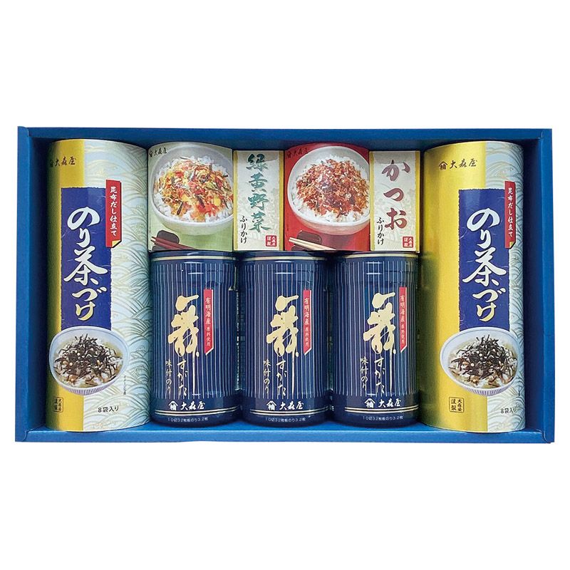 　ギフトサービスについて海苔とふりかけ、お茶漬と違った味がいろいろ楽しめる詰合せです。海苔とふりかけ、お茶漬と違った味がいろいろ楽しめる詰合せです。■メーカー:大森屋■商品名:舞すがた 卓上のり・ふりかけ・お茶漬詰合せ■セット内容:セット内容/有明海産味付のり(10切32枚)×3、のり茶漬(5.4g×8袋)×2、緑黄野菜ふりかけ・かつおふりかけ(各2.5g×10袋)×各1■箱サイズ:24.9×41.9×8.9cm■賞味期限:常温1年6ヶ月■アレルゲン:卵・乳・小麦・えび■品番:NTF-30G■のし:中杉■JANコード:4901191395431■本体重量:1.05kg商品特徴一覧2026年 贈りもの・お返しものギフト、【多用途ギフト[パーソナルギフト 2026] → ご予算別セレクション → 定価3、000円~4、000円(税別)前後 → 食品】、【食品 → 乾物・粉類 → 乾物 → 海苔 → セット・詰め合わせ】、[B2]、2025年、令和7年、ギフト、贈り物、内祝い、プレゼント、お返し、4901191395431、通信販売、通販、販売、買う、購入、お店、売っている、ショッピング2026年 贈りもの・お返しものギフト【大森屋 舞すがた 卓上のり・ふりかけ・お茶漬詰合せ (NTF-30G)】広告文責(有)イースクエアTEL:0120-532-772海苔とふりかけ、お茶漬と違った味がいろいろ楽しめる詰合せです。海苔とふりかけ、お茶漬と違った味がいろいろ楽しめる詰合せです。■メーカー:大森屋■商品名:舞すがた 卓上のり・ふりかけ・お茶漬詰合せ■セット内容:セット内容/有明海産味付のり(10切32枚)×3、のり茶漬(5.4g×8袋)×2、緑黄野菜ふりかけ・かつおふりかけ(各2.5g×10袋)×各1■箱サイズ:24.9×41.9×8.9cm■賞味期限:常温1年6ヶ月■アレルゲン:卵・乳・小麦・えび■品番:NTF-30G■のし:中杉■JANコード:4901191395431■本体重量:1.05kg※お客さま都合による、ご注文後の[キャンセル][変更][返品][交換]はお受けできませんのでご注意下さいませ。※当店では、すべての商品で在庫を持っておりません。記載の納期を必ずご確認ください。※ご注文いただいた場合でもメーカーの[在庫切れ][欠品][廃盤]などの理由で、[記載の納期より発送が遅れる][発送できない]場合がございます。その際は、当店よりご連絡させていただきます。あらかじめご了承ください。※リニューアル等により パッケージ、仕様、セット内容 が変更になる場合がございます。予めご了承下さい。こちらの商品は【お取り寄せ(5〜7営業日以内に発送予定)】となります。あらかじめご了承くださいませ。