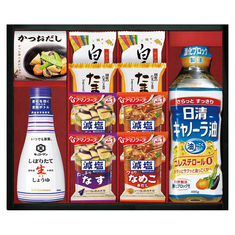 　ギフトサービスについて■商品名:千寿和膳日清オイリオ・キッコーマン・アマノフーズ詰合せ■セット内容:白子のり味のり(8切5枚)・アマノフーズ減塩いつものおみそ汁(なす)(9g)・アマノフーズ減塩いつものおみそ汁(なめこ)(8g)・たまごス...