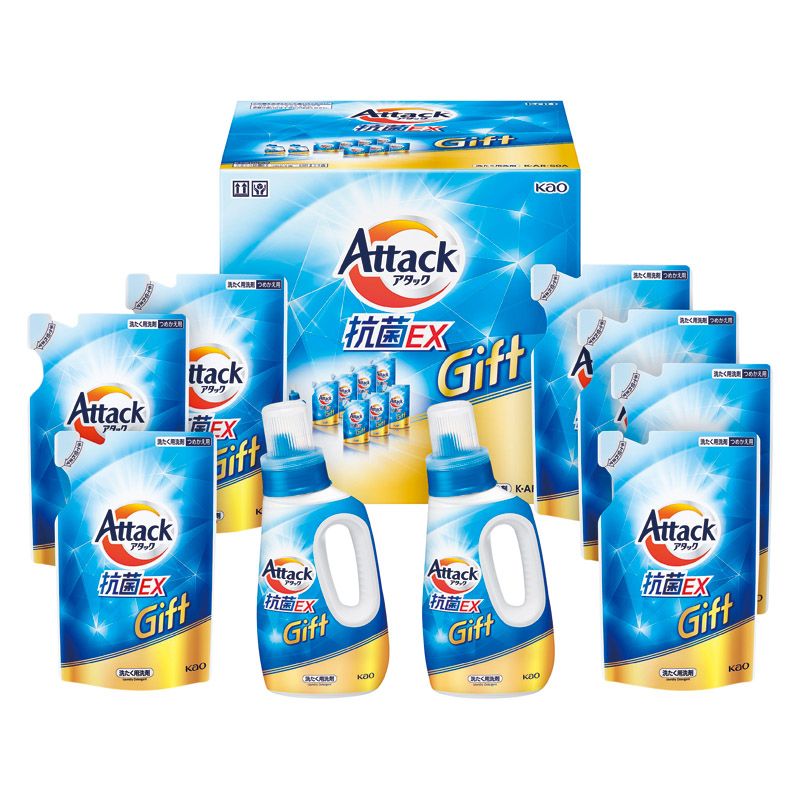 　ギフトサービスについて■メーカー:花王■商品名:アタック抗菌EXギフト■セット内容:アタック抗菌EX詰替用(590g)×7、アタック抗菌EX(750g)×2■箱サイズ:28.5×31.5×29.5cm■品番:K・AR-50A■のし:みの■JANコード:4901301436238■本体重量:6.6kg商品特徴一覧2026年 贈りもの・お返しものギフト、【総合ギフト[ザ・コレクション 2026] → フレッシュ&クリーン】、【日用品雑貨・文房具・手芸 → 日用品・生活雑貨 → 洗剤・柔軟剤 → 洗濯用洗剤・柔軟剤 → セット】、[C6]、2025年、令和8年、ギフト、贈り物、内祝い、プレゼント、お返し、4901301436238、通信販売、通販、販売、買う、購入、お店、売っている、ショッピング▼関連商品はこちら。花王 アタック抗菌EXギフト (K・AR-10A)花王 アタック抗菌EXギフト (K・AR-30A)花王 アタック抗菌EX バラエティーギフト (K・AU-15A)花王 アタック抗菌EX バラエティーギフト (K・AU-20A)花王 アタック抗菌EX バラエティーギフト (K・AU-25A)花王 アタック抗菌EX バラエティーギフト (K・AU-40A)花王 アタック抗菌EX バラエティーギフト (K・AU-50A)2026年 贈りもの・お返しものギフト【花王 アタック抗菌EXギフト (K・AR-50A)】広告文責(有)イースクエアTEL:0120-532-772■メーカー:花王■商品名:アタック抗菌EXギフト■セット内容:アタック抗菌EX詰替用(590g)×7、アタック抗菌EX(750g)×2■箱サイズ:28.5×31.5×29.5cm■品番:K・AR-50A■のし:みの■JANコード:4901301436238■本体重量:6.6kg※お客さま都合による、ご注文後の[キャンセル][変更][返品][交換]はお受けできませんのでご注意下さいませ。※当店では、すべての商品で在庫を持っておりません。記載の納期を必ずご確認ください。※ご注文いただいた場合でもメーカーの[在庫切れ][欠品][廃盤]などの理由で、[記載の納期より発送が遅れる][発送できない]場合がございます。その際は、当店よりご連絡させていただきます。あらかじめご了承ください。※リニューアル等により パッケージ、仕様、セット内容 が変更になる場合がございます。予めご了承下さい。こちらの商品は【お取り寄せ(5〜7営業日以内に発送予定)】となります。あらかじめご了承くださいませ。