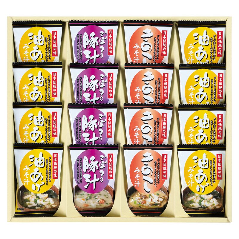 　ギフトサービスについて凍結乾燥の技術でお湯を注ぐだけでおいしさそのままのお味噌汁詰合せ。油揚げとわかめを使い、和風だしを効かせた定番の味噌汁(油揚げ)。3種のきのこを使い、米みそと豆みそをブレンドした風味豊かな味噌汁(きのこ)。豚肉と野菜の旨味にごぼうの食感がマッチした、コク深い味わいの豚汁。お味噌汁3種の味詰合せです。凍結乾燥の技術でお湯を注ぐだけでおいしさそのままのお味噌汁詰合せ。油揚げとわかめを使い、和風だしを効かせた定番の味噌汁(油揚げ)。3種のきのこを使い、米みそと豆みそをブレンドした風味豊かな味噌汁(きのこ)。豚肉と野菜の旨味にごぼうの食感がマッチした、コク深い味わいの豚汁。お味噌汁3種の味詰合せです。■商品名:フリーズドライ「お味噌汁三種の味詰合せ」■セット内容:お味噌汁(油あげ)×8、お味噌汁(きのこ・豚汁)×各4■箱サイズ:32×35×4cm■賞味期限:常温1年■アレルゲン:小麦■品番:KF-DO■のし:中杉■JANコード:4951648017386■本体重量:0.4kg商品特徴一覧2026年 贈りもの・お返しものギフト、【返礼ギフト[響(ひびき) 2026] → グルメ】、【食品 → ] 惣菜 → ] 和風惣菜 → ] みそ汁】、[L1]、2026年、令和8年、ギフト、贈り物、内祝い、プレゼント、お返し、4951648017386、通信販売、通販、販売、買う、購入、お店、売っている、ショッピング2026年 贈りもの・お返しものギフト【フリーズドライ「お味噌汁三種の味詰合せ」 (KF-DO)】広告文責(有)イースクエアTEL:0120-532-772凍結乾燥の技術でお湯を注ぐだけでおいしさそのままのお味噌汁詰合せ。油揚げとわかめを使い、和風だしを効かせた定番の味噌汁(油揚げ)。3種のきのこを使い、米みそと豆みそをブレンドした風味豊かな味噌汁(きのこ)。豚肉と野菜の旨味にごぼうの食感がマッチした、コク深い味わいの豚汁。お味噌汁3種の味詰合せです。凍結乾燥の技術でお湯を注ぐだけでおいしさそのままのお味噌汁詰合せ。油揚げとわかめを使い、和風だしを効かせた定番の味噌汁(油揚げ)。3種のきのこを使い、米みそと豆みそをブレンドした風味豊かな味噌汁(きのこ)。豚肉と野菜の旨味にごぼうの食感がマッチした、コク深い味わいの豚汁。お味噌汁3種の味詰合せです。■商品名:フリーズドライ「お味噌汁三種の味詰合せ」■セット内容:お味噌汁(油あげ)×8、お味噌汁(きのこ・豚汁)×各4■箱サイズ:32×35×4cm■賞味期限:常温1年■アレルゲン:小麦■品番:KF-DO■のし:中杉■JANコード:4951648017386■本体重量:0.4kg※お客さま都合による、ご注文後の[キャンセル][変更][返品][交換]はお受けできませんのでご注意下さいませ。※当店では、すべての商品で在庫を持っておりません。記載の納期を必ずご確認ください。※ご注文いただいた場合でもメーカーの[在庫切れ][欠品][廃盤]などの理由で、[記載の納期より発送が遅れる][発送できない]場合がございます。その際は、当店よりご連絡させていただきます。あらかじめご了承ください。※リニューアル等により パッケージ、仕様、セット内容 が変更になる場合がございます。予めご了承下さい。こちらの商品は【お取り寄せ(5〜7営業日以内に発送予定)】となります。あらかじめご了承くださいませ。