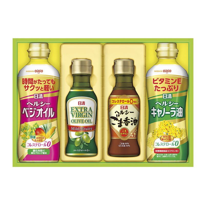 　ギフトサービスについて日清エキストラバージンオリーブオイルをはじめバラエティ豊かな食用油を詰合せたギフト 。■商品名:オリーブオイル&amp;バラエティオイルギフト■メーカー品番:OV-20■温度帯:常温■賞味期間:750日間■商品内容:(エキストラバージンオリーブオイル・ヘルシーごま香油)各145g・(ヘルシーキャノーラ油・ヘルシーベジオイル)各350g■箱サイズ:箱219×311×65mm■商品重量:1600g■生産国:日本■JAN:4902380431688■ブランド:日清オイリオ商品特徴一覧2026年 贈りもの・お返しものギフト、【食品&洗剤ギフト[フードパーク No.22] → ブランド食品 → 日清オイリオ】、【食品 → 調味料 → 油 → セット・詰め合わせ】、[フードパーク]、2026年、令和8年、ギフト、贈り物、内祝い、プレゼント、お返し、4902380431688、通信販売、通販、販売、買う、購入、お店、売っている、ショッピング2026年 贈りもの・お返しものギフト【日清オイリオ オリーブオイル&バラエティオイルギフト (OV-20)】広告文責(有)イースクエアTEL:0120-532-772日清エキストラバージンオリーブオイルをはじめバラエティ豊かな食用油を詰合せたギフト 。■商品名:オリーブオイル&amp;バラエティオイルギフト■メーカー品番:OV-20■温度帯:常温■賞味期間:750日間■商品内容:(エキストラバージンオリーブオイル・ヘルシーごま香油)各145g・(ヘルシーキャノーラ油・ヘルシーベジオイル)各350g■箱サイズ:箱219×311×65mm■商品重量:1600g■生産国:日本■JAN:4902380431688■ブランド:日清オイリオ※お客さま都合による、ご注文後の[キャンセル][変更][返品][交換]はお受けできませんのでご注意下さいませ。※当店では、すべての商品で在庫を持っておりません。記載の納期を必ずご確認ください。※ご注文いただいた場合でもメーカーの[在庫切れ][欠品][廃盤]などの理由で、[記載の納期より発送が遅れる][発送できない]場合がございます。その際は、当店よりご連絡させていただきます。あらかじめご了承ください。※リニューアル等により パッケージ、仕様、セット内容 が変更になる場合がございます。予めご了承下さい。こちらの商品は【お取り寄せ(5〜7営業日以内に発送予定)】となります。あらかじめご了承くださいませ。
