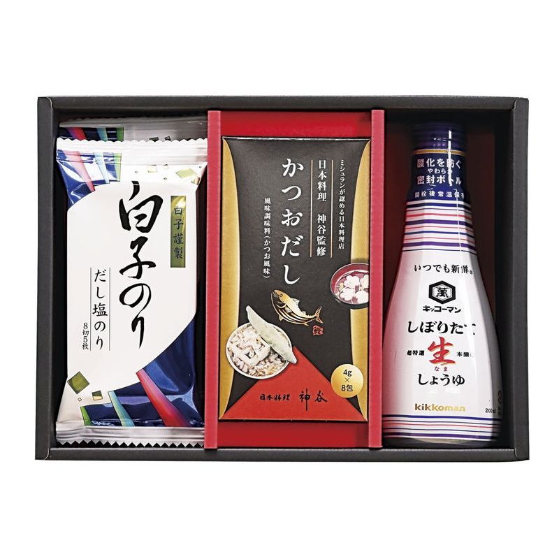 　ギフトサービスについて■商品名:和の調味料詰合せ■メーカー品番:SK-AE#■温度帯:常温■賞味期間:360日間■商品内容:白子のりだし塩のり(8切5枚)×2・かつおだし(4g×8袋)・キッコーマンしぼりたて生醤油200ml 【乳成分・小麦】■箱サイズ:箱180×245×70mm■商品重量:550g■生産国:日本■JAN:4904963428269商品特徴一覧2026年 贈りもの・お返しものギフト、【食品&洗剤ギフト[フードパーク No.22] → 価格帯別アイテム → 食品 → 定価1、500円(税別)前後-食品】、[フードパーク]、2026年、令和8年、ギフト、贈り物、内祝い、プレゼント、お返し、4904963428269、通信販売、通販、販売、買う、購入、お店、売っている、ショッピング2026年 贈りもの・お返しものギフト【和の調味料詰合せ (SK-AE#)】広告文責(有)イースクエアTEL:0120-532-772■商品名:和の調味料詰合せ■メーカー品番:SK-AE#■温度帯:常温■賞味期間:360日間■商品内容:白子のりだし塩のり(8切5枚)×2・かつおだし(4g×8袋)・キッコーマンしぼりたて生醤油200ml 【乳成分・小麦】■箱サイズ:箱180×245×70mm■商品重量:550g■生産国:日本■JAN:4904963428269※お客さま都合による、ご注文後の[キャンセル][変更][返品][交換]はお受けできませんのでご注意下さいませ。※当店では、すべての商品で在庫を持っておりません。記載の納期を必ずご確認ください。※ご注文いただいた場合でもメーカーの[在庫切れ][欠品][廃盤]などの理由で、[記載の納期より発送が遅れる][発送できない]場合がございます。その際は、当店よりご連絡させていただきます。あらかじめご了承ください。※リニューアル等により パッケージ、仕様、セット内容 が変更になる場合がございます。予めご了承下さい。こちらの商品は【お取り寄せ(5〜7営業日以内に発送予定)】となります。あらかじめご了承くださいませ。