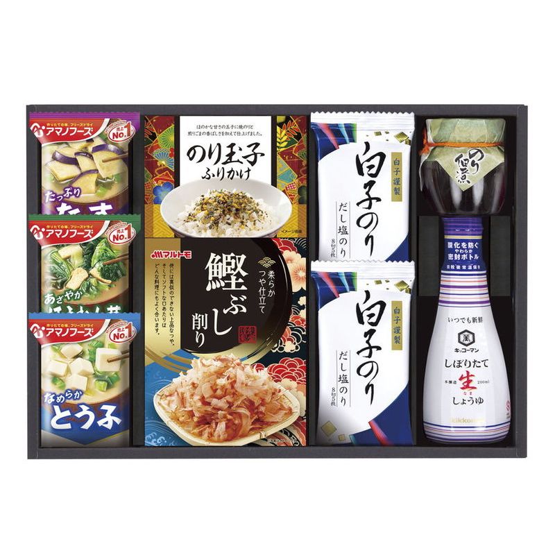 　ギフトサービスについて■商品名:キッコーマン&amp;アマノフーズ食卓詰合せ■メーカー品番:MSE-25A■温度帯:常温■賞味期間:360日間■商品内容:アマノおみそ汁(なす・ほうれん草・とうふ)・のり玉子ふりかけ(4.5g×2袋)・鰹ぶし削り(2g×4袋)・白子のりだし塩のり(8切5枚)×2・島の香のり佃煮80g・キッコーマンしぼりたて生しょうゆ200ml 【卵・乳成分・小麦】■箱サイズ:箱250×355×70mm■商品重量:1030g■生産国:日本■JAN:4974685651252商品特徴一覧2026年 贈りもの・お返しものギフト、【食品&洗剤ギフト[フードパーク No.22] → 価格帯別アイテム → 食品 → 定価2、500円(税別)前後-食品】、[フードパーク]、2026年、令和8年、ギフト、贈り物、内祝い、プレゼント、お返し、4974685651252、通信販売、通販、販売、買う、購入、お店、売っている、ショッピング2026年 贈りもの・お返しものギフト【キッコーマン&アマノフーズ食卓詰合せ (MSE-25A)】広告文責(有)イースクエアTEL:0120-532-772■商品名:キッコーマン&amp;アマノフーズ食卓詰合せ■メーカー品番:MSE-25A■温度帯:常温■賞味期間:360日間■商品内容:アマノおみそ汁(なす・ほうれん草・とうふ)・のり玉子ふりかけ(4.5g×2袋)・鰹ぶし削り(2g×4袋)・白子のりだし塩のり(8切5枚)×2・島の香のり佃煮80g・キッコーマンしぼりたて生しょうゆ200ml 【卵・乳成分・小麦】■箱サイズ:箱250×355×70mm■商品重量:1030g■生産国:日本■JAN:4974685651252※お客さま都合による、ご注文後の[キャンセル][変更][返品][交換]はお受けできませんのでご注意下さいませ。※当店では、すべての商品で在庫を持っておりません。記載の納期を必ずご確認ください。※ご注文いただいた場合でもメーカーの[在庫切れ][欠品][廃盤]などの理由で、[記載の納期より発送が遅れる][発送できない]場合がございます。その際は、当店よりご連絡させていただきます。あらかじめご了承ください。※リニューアル等により パッケージ、仕様、セット内容 が変更になる場合がございます。予めご了承下さい。こちらの商品は【お取り寄せ(5〜7営業日以内に発送予定)】となります。あらかじめご了承くださいませ。