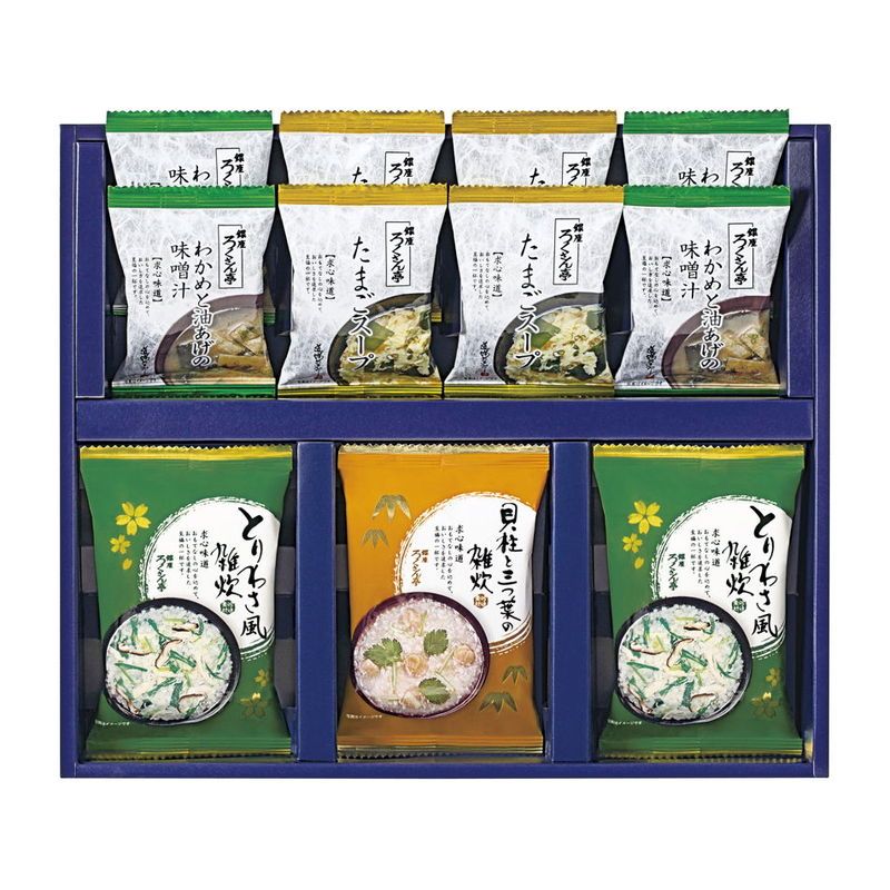 　ギフトサービスについて■商品名:フリーズドライ ギフト■メーカー品番:BN-ZD■温度帯:常温■賞味期間:360日間■商品内容:雑炊(とりわさ風×2・貝柱と三つ葉)・(たまごスープ・わかめと油あげの味噌汁)各4 【卵・小麦】■箱サイズ:箱273×325×55mm■生産国:日本■JAN:4943755136777■ブランド:ろくさん亭 道場六三郎商品特徴一覧2026年 贈りもの・お返しものギフト、【食品&洗剤ギフト[フードパーク No.22] → 価格帯別アイテム → 食品 → 定価2、500円(税別)前後-食品】、【食品 → ] 惣菜 → ] 和風惣菜 → ] みそ汁】、[フードパーク]、2026年、令和8年、ギフト、贈り物、内祝い、プレゼント、お返し、4943755136777、通信販売、通販、販売、買う、購入、お店、売っている、ショッピング2026年 贈りもの・お返しものギフト【ろくさん亭 道場六三郎 フリーズドライ ギフト (BN-ZD)】広告文責(有)イースクエアTEL:0120-532-772■商品名:フリーズドライ ギフト■メーカー品番:BN-ZD■温度帯:常温■賞味期間:360日間■商品内容:雑炊(とりわさ風×2・貝柱と三つ葉)・(たまごスープ・わかめと油あげの味噌汁)各4 【卵・小麦】■箱サイズ:箱273×325×55mm■生産国:日本■JAN:4943755136777■ブランド:ろくさん亭 道場六三郎※お客さま都合による、ご注文後の[キャンセル][変更][返品][交換]はお受けできませんのでご注意下さいませ。※当店では、すべての商品で在庫を持っておりません。記載の納期を必ずご確認ください。※ご注文いただいた場合でもメーカーの[在庫切れ][欠品][廃盤]などの理由で、[記載の納期より発送が遅れる][発送できない]場合がございます。その際は、当店よりご連絡させていただきます。あらかじめご了承ください。※リニューアル等により パッケージ、仕様、セット内容 が変更になる場合がございます。予めご了承下さい。こちらの商品は【お取り寄せ(5〜7営業日以内に発送予定)】となります。あらかじめご了承くださいませ。