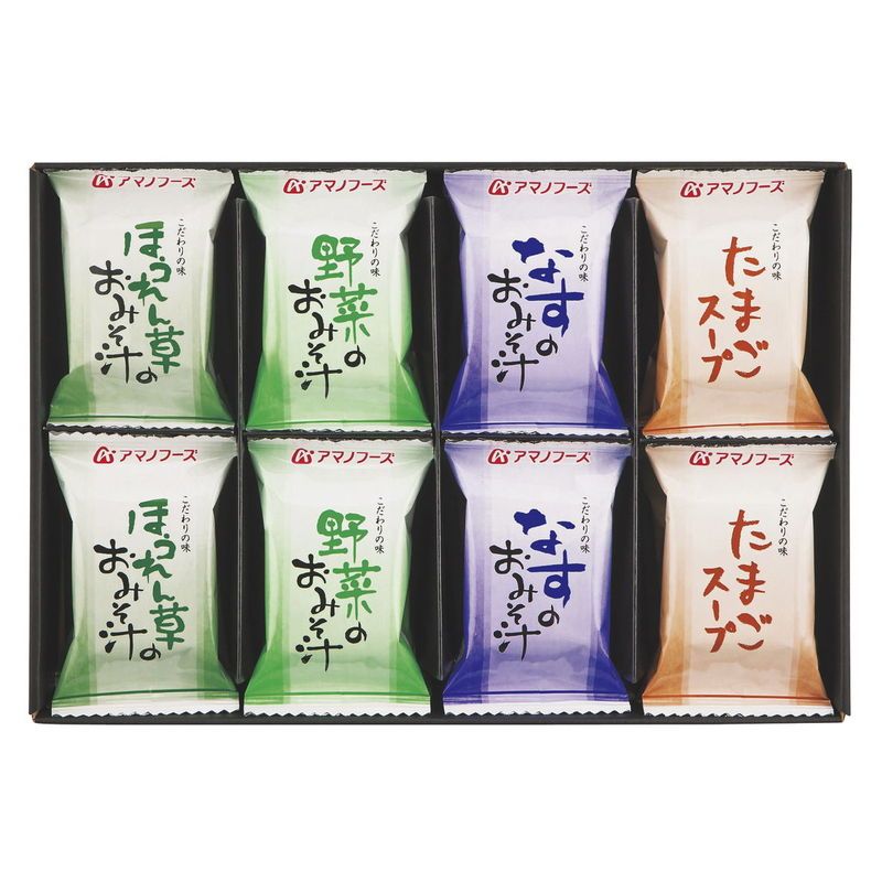 　ギフトサービスについて■商品名:味わいづくしギフト■メーカー品番:300B■温度帯:常温■賞味期間:730日間■商品内容:(ほうれん草のおみそ汁・野菜のおみそ汁・なすのおみそ汁・たまごスープ)各6 【卵・乳成分・小麦】■箱サイズ:箱255×325×80mm■生産国:日本■JAN:4971334212840■ブランド:アマノフーズ商品特徴一覧2026年 贈りもの・お返しものギフト、【食品&洗剤ギフト[フードパーク No.22] → 価格帯別アイテム → 食品 → 定価3、000円(税別)前後-食品】、【食品 → ] 惣菜 → ] 和風惣菜 → ] みそ汁】、[フードパーク]、2026年、令和8年、ギフト、贈り物、内祝い、プレゼント、お返し、4971334212840、通信販売、通販、販売、買う、購入、お店、売っている、ショッピング2026年 贈りもの・お返しものギフト【アマノフーズ 味わいづくしギフト (300B)】広告文責(有)イースクエアTEL:0120-532-772■商品名:味わいづくしギフト■メーカー品番:300B■温度帯:常温■賞味期間:730日間■商品内容:(ほうれん草のおみそ汁・野菜のおみそ汁・なすのおみそ汁・たまごスープ)各6 【卵・乳成分・小麦】■箱サイズ:箱255×325×80mm■生産国:日本■JAN:4971334212840■ブランド:アマノフーズ※お客さま都合による、ご注文後の[キャンセル][変更][返品][交換]はお受けできませんのでご注意下さいませ。※当店では、すべての商品で在庫を持っておりません。記載の納期を必ずご確認ください。※ご注文いただいた場合でもメーカーの[在庫切れ][欠品][廃盤]などの理由で、[記載の納期より発送が遅れる][発送できない]場合がございます。その際は、当店よりご連絡させていただきます。あらかじめご了承ください。※リニューアル等により パッケージ、仕様、セット内容 が変更になる場合がございます。予めご了承下さい。こちらの商品は【お取り寄せ(5〜7営業日以内に発送予定)】となります。あらかじめご了承くださいませ。