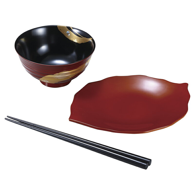 純金箔工芸 溜塗 金彩 飯椀木の葉盛皿セット(箸付)