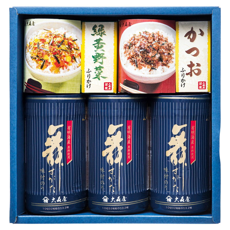 　ギフトサービスについて有明海産卓上味付のり・ふりかけを詰合せたパーソナルギフトです。■商品名:大森屋 バラエティギフト■箱種類:化粧箱■箱サイズ:約253×253×81mm(入)■内容:味付のり(10切32枚)×3、緑黄野菜ふりかけ(2.5g×10袋)・かつおふりかけ(2.5g×10袋)×各1■箱重量:約670g■アレルギー:卵・乳・小麦・えび■型番:NTF-20G商品特徴一覧2026年 贈りもの・お返しものギフト、【総合ギフト[リボンハーツカタログ 2026] → フーズ → のりバラエティ】、【食品 → 乾物・粉類 → 乾物 → 海苔 → セット・詰め合わせ】、[2026RH]、2026年、令和8年、ギフト、贈り物、内祝い、プレゼント、お返し、4901191395424、通信販売、通販、販売、買う、購入、お店、売っている、ショッピング▼関連商品はこちら。大森屋 しじみ醤油味付のり・のり茶漬セット (BOSZ-10)大森屋 有明海産減塩卓上味のりギフト (GA-20G)大森屋 有明海産減塩卓上味のりギフト (GA-30G)大森屋 バラエティギフト (NTF-30G)大森屋 バラエティギフト (NTF-40G)2026年 贈りもの・お返しものギフト【大森屋 バラエティギフト (NTF-20G)】広告文責(有)イースクエアTEL:0120-532-772有明海産卓上味付のり・ふりかけを詰合せたパーソナルギフトです。■商品名:大森屋 バラエティギフト■箱種類:化粧箱■箱サイズ:約253×253×81mm(入)■内容:味付のり(10切32枚)×3、緑黄野菜ふりかけ(2.5g×10袋)・かつおふりかけ(2.5g×10袋)×各1■箱重量:約670g■アレルギー:卵・乳・小麦・えび■型番:NTF-20G※お客さま都合による、ご注文後の[キャンセル][変更][返品][交換]はお受けできませんのでご注意下さいませ。※当店では、すべての商品で在庫を持っておりません。記載の納期を必ずご確認ください。※ご注文いただいた場合でもメーカーの[在庫切れ][欠品][廃盤]などの理由で、[記載の納期より発送が遅れる][発送できない]場合がございます。その際は、当店よりご連絡させていただきます。あらかじめご了承ください。※リニューアル等により パッケージ、仕様、セット内容 が変更になる場合がございます。予めご了承下さい。こちらの商品は【お取り寄せ(7〜10営業日以内に発送予定)】となります。あらかじめご了承くださいませ。