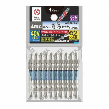 　ギフト対応について　楽天国際配送対象店舗 （海外配送）　Rakuten International Shipping【メール便(ネコポス)の配送について】※こちらの商品は、[メール便(ネコポス)]での発送となります。※他商品との同梱された場合は、[宅配便]での発送となり通常の送料が掛かります。※[他商品との同梱][代金引換][配達日時指定]でのご注文をお受けできません。※原則ポスト投函となります。通常の[宅配便]と違い配達までのお時間が掛かる場合があります。&nbsp;アネックス(ANEX) ハイパー龍靭ビット スリムタイプ 10本組 +265 ARHS-14Mサビに強いメッキ仕上げ【アネックス(ANEX) ハイパー龍靭ビット スリムタイプ 10本組 +265 ARHS-14M】 fk094igrjs 先端が見やすい両頭スリムタイプ。トーション部で衝撃を吸収しカムアウトを抑制。先端欠けに強く、耐久性が抜群です。屋外作業、水廻り作業や、Cチャン・薄鉄板・アルミ・木材などへのネジの締め付け作業に。サイズ刃先+2×全長65mm個装サイズ：14×7×0.6cm重量103g個装重量：100g素材・材質クロム・モリブデン・バナジウム鋼、CA仕様対辺6.35mm六角軸マグネット付40V対応(18Vにも対応)セット内容10本生産国日本 製品詳細 商品名：アネックス(ANEX) ハイパー龍靭ビット スリムタイプ 10本組 +265 ARHS-14Mカラー・サイズ名称：2199816JANコード：4962485399641 広告文責 (有)イースクエアTEL:0120-532-772 ※お客さま都合による、ご注文後の[キャンセル][変更][返品][交換]はお受けできませんのでご注意下さいませ。※当店では、すべての商品で在庫を持っておりません。記載の納期を必ずご確認ください。※ご注文いただいた場合でもメーカーの[在庫切れ][欠品][廃盤]などの理由で、[記載の納期より発送が遅れる][発送できない]場合がございます。その際は、当店よりご連絡させていただきます。あらかじめご了承ください。【メール便(ネコポス)の配送について】※こちらの商品は、[メール便(ネコポス)]での発送となります。※他商品との同梱された場合は、[宅配便]での発送となり通常の送料が掛かります。※[他商品との同梱][代金引換][配達日時指定]でのご注文をお受けできません。※原則ポスト投函となります。通常の[宅配便]と違い配達までのお時間が掛かる場合があります。 こちらの商品は【お取り寄せ(14営業日以内に発送予定)】となります。