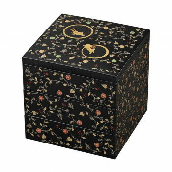 まえじゅう漆器 うさぎ唐草 6.5 三段重 黒内朱 8R-314