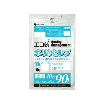 &nbsp;エコ袋 ポリ セレブ 90L 食品検査適合商品 CMT-93 透明 10枚×30冊食品検査適合商品【エコ袋 ポリ セレブ 90L 食品検査適合商品 CMT-93 透明 10枚×30冊】 fk094igrjs メタロセン50%配合だから伸びて強く、食品検査適合品のため、食の安全管理が求められる現場に最適です!厚生労働省が定める検査基準に適合し、食品に悪影響を及ぼす有害物質が含まれないことを証明していています。(検査機関:一般社団法人新日本検定協会)食品衛生法・食品、添加物等の規格基準(昭和34年厚生省告知第370号)に適合しています。RoHS指定適合商品です。※お届けが法人の場合は、お届け先の住所に法人名(屋号)の記載をお願いいたします。※北海道・沖縄・離島へのお届けは別途送料が発生いたします。サイズW900×H1000×厚0.040mm個装サイズ：29×48.5×19.5cm重量個装重量：17900g素材・材質LLDPE仕様容量:90リットルカラー:透明セット内容10枚×30冊生産国ベトナム 広告文責 (有)イースクエアTEL:0120-532-772 ※お客さま都合による、ご注文後の[キャンセル][変更][返品][交換]はお受けできませんのでご注意下さいませ。※当店では、すべての商品で在庫を持っておりません。記載の納期を必ずご確認ください。※ご注文いただいた場合でもメーカーの[在庫切れ][欠品][廃盤]などの理由で、[記載の納期より発送が遅れる][発送できない]場合がございます。その際は、当店よりご連絡させていただきます。あらかじめご了承ください。※こちらの商品は【他商品との同梱】ができません。※こちらの商品は【ギフトサービス】をお受けすることができません。 こちらの商品は【お取り寄せ(7〜10営業日以内に発送予定)】となります。