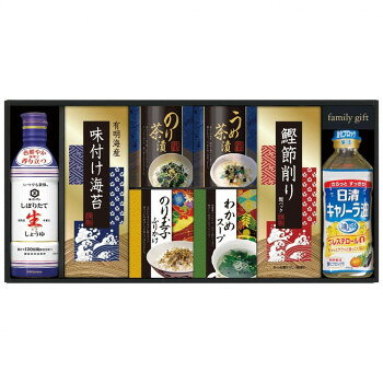 　ギフト対応について　楽天国際配送対象店舗 （海外配送）　Rakuten International Shipping&nbsp;創愛 キッコーマン生しょうゆ＆和食詰合せ NBL-40K 2643-044毎日の食卓に欠かせない和の詰合せ【創愛 キッコーマン生しょうゆ＆和食詰合せ NBL-40K 2643-044】 原材料名称：味付のり、茶漬け、乾燥スープ、ふりかけ、かつお削りぶし、濃口醤油(本醸造)、食用なたね油【のり】乾のり(有明海産)、砂糖、みりん、しょう油(小麦・大豆を含む)、食塩、唐辛子、煮干、昆布/調味料(アミノ酸等)、ソルビット【のり茶漬け】食塩(国内製造)、あられ、のり、ごま、乳糖、緑茶、砂糖、かつお節粉末、デキストリン、でん粉、三つ葉、ブドウ糖、たんぱく加水分解物、昆布粉末、昆布エキス、カツオエキス、椎茸粉末/調味料(アミノ酸等)、(一部にごま・乳成分・大豆を含む)【うめ茶漬け】食塩(国内製造)、あられ、乳糖、ごま、梅干しペースト、ブドウ糖、のり、デキストリン、砂糖、かつお節粉末、でん粉、緑茶、梅肉/調味料(アミノ酸等)、酸味料(クエン酸、リンゴ酸)、着色料(紅麹)、香料、(一部に乳成分・ごま・大豆を含む)【わかめスープ】食塩(国内製造)、乳糖、ブドウ糖、砂糖、昆布粉末、香辛料、チキンパウダー、カキパウダー、鰹エキス、エビ粉末、椎茸粉末、具(わかめ、ごま、ねぎ)/調味料(アミノ酸等)、(一部に乳成分・小麦・えび・大豆・豚肉・鶏肉・ごまを含む)【ふりかけ】いりごま(国内製造)、鶏卵、食塩、砂糖、あおさ、ブドウ糖、乳糖、海苔、かつお節粉末、でん粉、抹茶、デキストリン、たん白加水分解物/調味料(アミノ酸等)、ソルビット、着色料(カロチノイド色素、クチナシ色素、ビタミンB2)、ベーキングパウダー、(一部に卵・乳成分・小麦・ごま・大豆を含む)【鰹節削り】かつおのふし(国内製造)【醤油】脱脂加工大豆(アメリカ又はカナダ(5%未満))(分別生産流通管理済み)、小麦、食塩/アルコール【キャノラー油】食用なたね油(国内製造)アレルギー表示卵、乳、小麦、えび、ごま、大豆、鶏肉、豚肉（原材料の一部に含んでいます）保存方法直射日光・高温多湿を避け、常温で保存してください。製造（販売）者情報【製造者】のり:株式会社柳川海苔本舗キャノラー油:日清オイリオグループ株式会社【販売者】茶漬け、わかめスープ、ふりかけ:株式会社柳屋本店鰹節削り:株式会社創愛醤油:キッコーマン食品株式会社fk094igrjs 誰にでも喜ばれる毎日の食卓に欠かせない和の詰合せです。【味付け海苔】※のりは「えび」「かに」などの甲殻類が生息する海域で生産されています。※のりはとても湿りやすい食品です。開封後は再密封して保管し、なるべくお早くお召し上がりください。※乾燥剤は食べられませんのでお取り扱いに注意してください。【わかめスープ】※本製品で使用しているエビは、カニが混ざる漁法で採取しています。【鰹節削り】※まれに魚の骨や皮が混入することがありますので、ご注意ください。【醤油】※鮮度を保つため、内袋に窒素充填をしています。※この容器は使いきり容器です。※賞味期限とは、開栓前のおいしく召しあがれる期限のことです。※大豆の産地は、賞味期限の年の3年前から2年間の使用実績。ただし、商品特性から一部使用計画に基づく。大豆は遺伝子組換えの混入を防ぐため、分別生産流通管理を行っています。※開栓後は常温で保存し、120日を目安にご使用ください。【キャノラー油】※食用油は光や空気にさらされると風味が変わります。開封後は暗く涼しい所に保存し、なるべく早くご使用ください。※油を捨てる時は、流しに捨てないでください。※キャノーラ油となたね油は同じものです。※油を加熱しすぎると発火します。加熱中、その場を離れるときは必ず火を消してください。※揚げ物の際、一度に揚げ物をたくさん入れると油がふきこぼれ引火する危険があります。※加熱した油に水が入ると、油が飛びはねて火傷することがありますのでご注意ください。特に、フライパンなどの水や、揚げ物の水気は、油はねの原因になりますので、よく拭き取りましょう。※プラスチック容器に熱い油を入れないでください。内容量海苔(3切4枚)・茶漬け各4.3g×2・わかめスープ(5.3g×2)・ふりかけ(4.5g×2)・鰹節削り(2g×4)各1個・日清キャノーラ油400g・しょうゆ450ml各1本サイズ個装サイズ：51×25×7cm重量個装重量：1740g仕様【キッコーマンしぼりたて生しょうゆ450ml】アルコール(100g当り):2.4g賞味期間：製造日より390日セット内容有明海産味付け海苔(3切4枚):1個のり茶漬け(4.3g×2袋):1個うめ茶漬け(4.3g×2袋):1個わかめスープ(5.3g×2袋):1個のり玉子ふりかけ(4.5g×2袋):1個鰹節削り(2g×4袋):1個日清キャノーラ油400g・キッコーマンしぼりたて生しょうゆ450ml:各1本生産国日本 製品詳細 商品名：創愛 キッコーマン生しょうゆ＆和食詰合せ NBL-40K 2643-044カラー・サイズ名称：2264835JANコード：4974685644407 広告文責 (有)イースクエアTEL:0120-532-772 ※お客さま都合による、ご注文後の[キャンセル][変更][返品][交換]はお受けできませんのでご注意下さいませ。※当店では、すべての商品で在庫を持っておりません。記載の納期を必ずご確認ください。※ご注文いただいた場合でもメーカーの[在庫切れ][欠品][廃盤]などの理由で、[記載の納期より発送が遅れる][発送できない]場合がございます。その際は、当店よりご連絡させていただきます。あらかじめご了承ください。 こちらの商品は【お取り寄せ(14営業日以内に発送予定)】となります。
