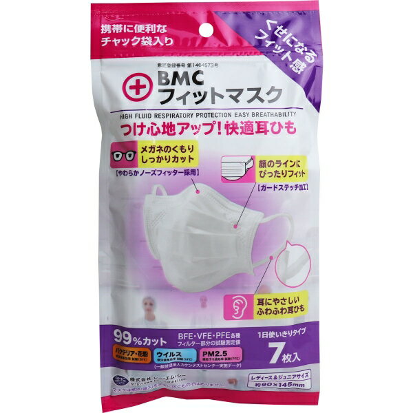 BMC フィットマスク 使い捨てサージカルマスク レディース＆ジュニアサイズ 7枚入 [キャンセル・変更・返品不可]のサムネイル