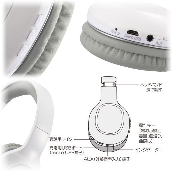 ワイヤレスヘッドホン(Bluetooth/USB充電/スピーカー口径40mm/外部音声入力端子/ホワイト) (HP-W265Z-W) [キャンセル・変更・返品不可]