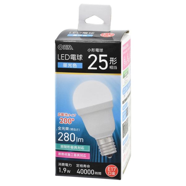 Led電球 - LED電球 小形(25形相当/昼光色/280 lm/1.9W/E17/Ra83/広配光200°/密閉形器具対応/断熱材施工器具対応) (LDA2D-G-E17 IS53)