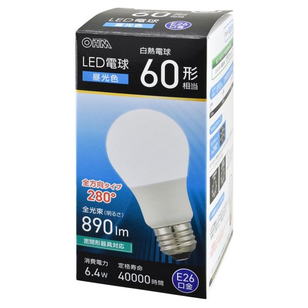 LED電球(60形相当/昼光色/890 lm/6.4W/E26/Ra83/全方向配光280°/密閉形器具対応) (LDA6D-G AG59)