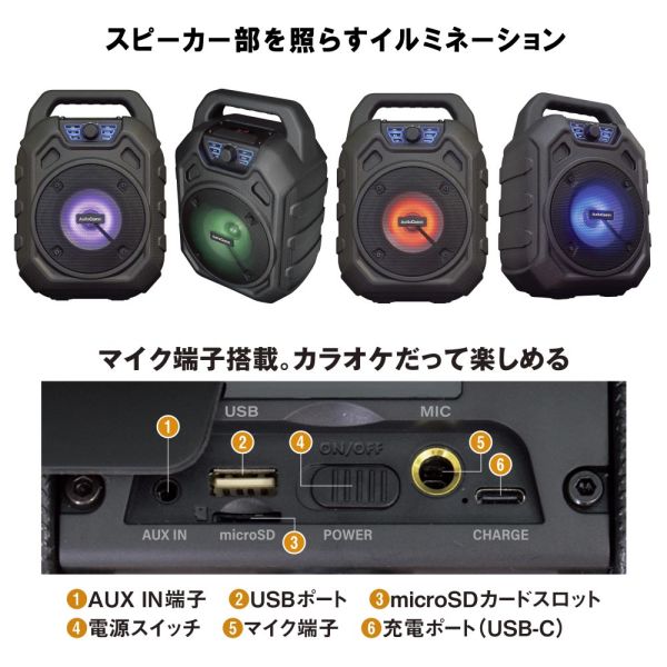 ポータブルパーティースピーカー(イルミネーション/USB-C充電式/Bluetooth/保護等級 IPX6/ワイドFM/ブラック) (ASP-W600N) 3