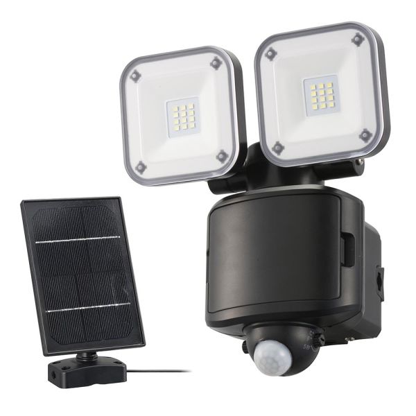 防犯LEDセンサーライト(2灯/1200 lm/昼光色/ソーラー充電+乾電池 単2形×3本使用/ソーラーパネル付属/保護等級IP44/ブラック) (LS-S120W2)