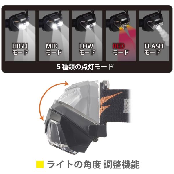 LEDヘッドライト(ライト角度調整機能付き/単4形×3本使用/HIGH 550 lm/連続使用2.5...