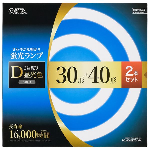 　ギフトサービスについて・商品名: 丸形蛍光ランプ(30形＋40形 各1本セット/昼光色/定格寿命16000時間)・型番: FCL-3040EXD-16H・JANコード: 4971275645295・販売元: (株)オーム電機【特長】●白さくっきり明るい光。さわやかな雰囲気にお部屋を演出します。●白を引き立たせ、学習や新聞などを読むときに文字がはっきり見えます。●定格寿命16000時間(約8年)の長寿命 ※年間2000時間(1日約5.5時間)使用の場合●30形+40形(各1本) セット【仕様】■30形＋40形■光色:3波長形昼光色■口金:G10q■全光束 (ランプ単体の明るさ):30形…1800lm、40形…2900lm■定格寿命:16000時間■色温度:6400K■適合点灯管:30形…FG-1E/FG-1P/FE1E、40形…FG-4P/FE4P■寸法(ガラス管径):30形、40形…29mm■寸法(外径):30形…225mm、40形…370mm■質量:30形…126g、40形…218g■セット内容:30形＋40形※ 日本国内用※製品の仕様は予告なく変更されることがあります。商品特徴一覧【電球・蛍光灯・インテリア照明器具 ) 蛍光灯 ) 蛍光灯/丸管】、FCL-3040EXD-16H、(株)オーム電機、06-4529、4971275645295、通信販売、通販、販売、買う、購入、お店、売っている、ショッピング▼関連商品はこちら。丸形蛍光ランプ(30形×2本セット/昼光色/定格寿命16000時間) (FCL-3030EXD-16H)丸形蛍光ランプ(30形＋32形 各1本セット/昼光色/定格寿命16000時間) (FCL-3032EXD-16H)丸形蛍光ランプ(32形＋40形 各1本セット/昼光色/定格寿命16000時間) (FCL-3240EXD-16H)【丸形蛍光ランプ(30形＋40形 各1本セット/昼光色/定格寿命16000時間) (FCL-3040EXD-16H)】広告文責(有)イースクエアTEL:0120-532-772・商品名: 丸形蛍光ランプ(30形＋40形 各1本セット/昼光色/定格寿命16000時間)・型番: FCL-3040EXD-16H・JANコード: 4971275645295・販売元: (株)オーム電機【特長】●白さくっきり明るい光。さわやかな雰囲気にお部屋を演出します。●白を引き立たせ、学習や新聞などを読むときに文字がはっきり見えます。●定格寿命16000時間(約8年)の長寿命 ※年間2000時間(1日約5.5時間)使用の場合●30形+40形(各1本) セット【仕様】■30形＋40形■光色:3波長形昼光色■口金:G10q■全光束 (ランプ単体の明るさ):30形…1800lm、40形…2900lm■定格寿命:16000時間■色温度:6400K■適合点灯管:30形…FG-1E/FG-1P/FE1E、40形…FG-4P/FE4P■寸法(ガラス管径):30形、40形…29mm■寸法(外径):30形…225mm、40形…370mm■質量:30形…126g、40形…218g■セット内容:30形＋40形※ 日本国内用※製品の仕様は予告なく変更されることがあります。※お客さま都合による、ご注文後の[キャンセル][変更][返品][交換]はお受けできませんのでご注意下さいませ。※当店では、すべての商品で在庫を持っておりません。記載の納期を必ずご確認ください。※ご注文いただいた場合でもメーカーの[在庫切れ][欠品][廃盤]などの理由で、[記載の納期より発送が遅れる][発送できない]場合がございます。その際は、当店よりご連絡させていただきます。あらかじめご了承ください。※リニューアル等により パッケージ、仕様、セット内容 が変更になる場合がございます。予めご了承下さい。※製品の詳細については、メーカーの製品ページをご覧ください。こちらの商品は【お取り寄せ(5〜7営業日以内に発送予定)】となります。あらかじめご了承くださいませ。