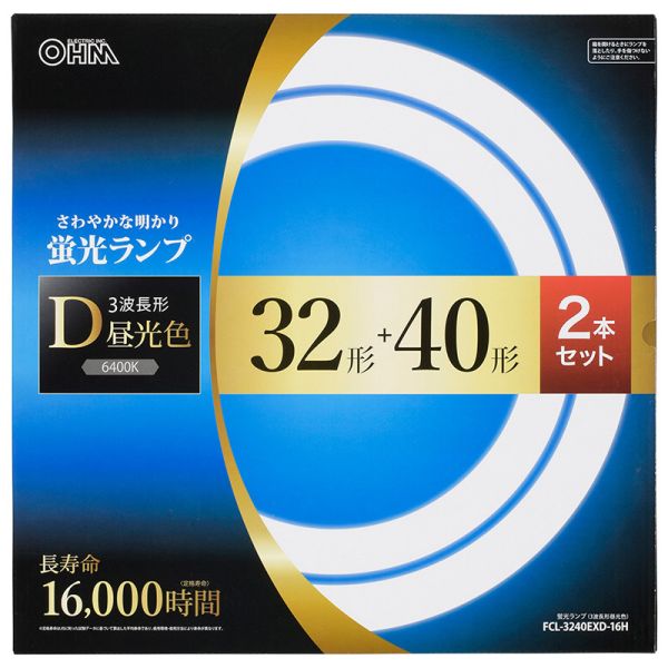 　ギフトサービスについて・商品名: 丸形蛍光ランプ(32形＋40形 各1本セット/昼光色/定格寿命16000時間)・型番: FCL-3240EXD-16H・JANコード: 4971275645301・販売元: (株)オーム電機【特長】●白さくっきり明るい光。さわやかな雰囲気にお部屋を演出します。●白を引き立たせ、学習や新聞などを読むときに文字がはっきり見えます。●定格寿命16000時間(約8年)の長寿命 ※年間2000時間(1日約5.5時間)使用の場合●32形+40形(各1本)セット【仕様】■32形＋40形■光色:3波長形昼光色■口金:G10q■全光束 (ランプ単体の明るさ):32形…2000lm、40形…2900lm■定格寿命:16000時間■色温度:6400K■適合点灯管:32形…FG-5P/FE5P、40形…FG-4P/FE4P■寸法(ガラス管径):32形、40形…29mm■寸法(外径):32形…298mm、40形…370mm■質量:32形…169g、40形…218g■セット内容:32形＋40形※ 日本国内用※製品の仕様は予告なく変更されることがあります。商品特徴一覧【電球・蛍光灯・インテリア照明器具 ) 蛍光灯 ) 蛍光灯/丸管】、FCL-3240EXD-16H、(株)オーム電機、06-4530、4971275645301、通信販売、通販、販売、買う、購入、お店、売っている、ショッピング▼関連商品はこちら。丸形蛍光ランプ(30形×2本セット/昼光色/定格寿命8000時間) (FCL-3030EXD-8H)丸形蛍光ランプ(30形＋32形 各1本セット/昼光色/定格寿命8000時間) (FCL-3032EXD-8H)丸形蛍光ランプ(30形＋40形 各1本セット/昼光色/定格寿命8000時間) (FCL-3040EXD-8H)丸形蛍光ランプ(32形＋40形 各1本セット/昼光色/定格寿命8000時間) (FCL-3240EXD-8H)丸形蛍光ランプ(30形×2本セット/昼光色/定格寿命16000時間) (FCL-3030EXD-16H)丸形蛍光ランプ(30形＋32形 各1本セット/昼光色/定格寿命16000時間) (FCL-3032EXD-16H)丸形蛍光ランプ(30形＋40形 各1本セット/昼光色/定格寿命16000時間) (FCL-3040EXD-16H)【丸形蛍光ランプ(32形＋40形 各1本セット/昼光色/定格寿命16000時間) (FCL-3240EXD-16H)】広告文責(有)イースクエアTEL:0120-532-772・商品名: 丸形蛍光ランプ(32形＋40形 各1本セット/昼光色/定格寿命16000時間)・型番: FCL-3240EXD-16H・JANコード: 4971275645301・販売元: (株)オーム電機【特長】●白さくっきり明るい光。さわやかな雰囲気にお部屋を演出します。●白を引き立たせ、学習や新聞などを読むときに文字がはっきり見えます。●定格寿命16000時間(約8年)の長寿命 ※年間2000時間(1日約5.5時間)使用の場合●32形+40形(各1本)セット【仕様】■32形＋40形■光色:3波長形昼光色■口金:G10q■全光束 (ランプ単体の明るさ):32形…2000lm、40形…2900lm■定格寿命:16000時間■色温度:6400K■適合点灯管:32形…FG-5P/FE5P、40形…FG-4P/FE4P■寸法(ガラス管径):32形、40形…29mm■寸法(外径):32形…298mm、40形…370mm■質量:32形…169g、40形…218g■セット内容:32形＋40形※ 日本国内用※製品の仕様は予告なく変更されることがあります。※お客さま都合による、ご注文後の[キャンセル][変更][返品][交換]はお受けできませんのでご注意下さいませ。※当店では、すべての商品で在庫を持っておりません。記載の納期を必ずご確認ください。※ご注文いただいた場合でもメーカーの[在庫切れ][欠品][廃盤]などの理由で、[記載の納期より発送が遅れる][発送できない]場合がございます。その際は、当店よりご連絡させていただきます。あらかじめご了承ください。※リニューアル等により パッケージ、仕様、セット内容 が変更になる場合がございます。予めご了承下さい。※製品の詳細については、メーカーの製品ページをご覧ください。こちらの商品は【お取り寄せ(5〜7営業日以内に発送予定)】となります。あらかじめご了承くださいませ。
