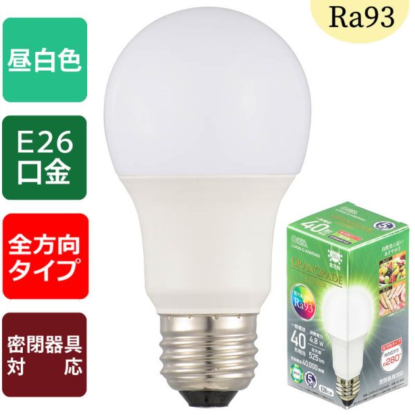 　ギフトサービスについて【メール便(定形外郵便)の配送について】※こちらの商品は、[メール便(定形外郵便)]での発送となります。※他商品との同梱された場合は、[宅配便]での発送となり通常の送料が掛かります。※[他商品との同梱][代金引換][配達日時指定]でのご注文をお受けできません。※原則ポスト投函となります。通常の[宅配便]と違い配達までのお時間が掛かる場合があります。・商品名: LED電球「GRANGRADE」(40形相当/Ra93/525lm/昼白色/E26/全方向配光280°/密閉形器具対応)・型番: LDA5N-G AG6/RA93・JANコード: 4971275638563・販売元: (株)オーム電機【特長】●彩りあざやかRa93「GRANGRADE」LED電球●自然光に近いあざやかさ●一般電球40形相当の明るさ●配光角約280°全方向のタイプ●密閉器具対応●昼白色●口金はE26●LED5年保証対象商品【仕様】■寸法:全長…107mm、最大径…55mm■質量:47g■定格消費電力:4.8W■定格入力電流:0.090A■全光束:525 lm■エネルギー消費効率:109.3 lm/W■平均演色評価数:Ra93■定格寿命:40000h※屋内用(屋外使用禁止)※交流 100V 50/60Hz 共用【ご注意】※次のような器具には使用できません。・調光機能のついた器具(100%点灯でも使用不可)・誘導灯、非常用照明器具・HIDランプ器具、水銀灯器具・直流電源※このほか使用器具の種類によって寸法的、熱的、その他の状況(リモコン機器のついた器具など)により使用できない場合があります。※ご使用になられる照明器具の構造によっては、放熱不良で短寿命となることがあります。※密閉器具でのご使用の場合、器具の寸法により、使用できない場合や寿命が短くなる場合があります。※人感スイッチなど自動点滅装置や遅れ停止スイッチなどには使用できない場合があります。※交流100V、周波数50/60Hz以外の電源では使用しないでください。※ランプ周囲温度が40℃を超える場所では使用しないでください。※製品の仕様は予告なく変更されることがあります。商品特徴一覧【LED電球 → 一般電球形 → 高演色タイプ】、LDA5N-G AG6/RA93、(株)オーム電機、06-3856、4971275638563、通信販売、通販、販売、買う、購入、お店、売っている、ショッピング▼関連商品はこちら。LED電球「GRANGRADE」(40形相当/Ra93/500lm/電球色/E26/全方向配光280°/密閉形器具対応) (LDA5L-G AG6/RA93)LED電球「GRANGRADE」(40形相当/Ra93/540lm/昼光色/E26/全方向配光280°/密閉形器具対応) (LDA5D-G AG6/RA93)【LED電球「GRANGRADE」(40形相当/Ra93/525lm/昼白色/E26/全方向配光280°/密閉形器具対応) (LDA5N-G AG6/RA93)】広告文責(有)イースクエアTEL:0120-532-772・商品名: LED電球「GRANGRADE」(40形相当/Ra93/525lm/昼白色/E26/全方向配光280°/密閉形器具対応)・型番: LDA5N-G AG6/RA93・JANコード: 4971275638563・販売元: (株)オーム電機【特長】●彩りあざやかRa93「GRANGRADE」LED電球●自然光に近いあざやかさ●一般電球40形相当の明るさ●配光角約280°全方向のタイプ●密閉器具対応●昼白色●口金はE26●LED5年保証対象商品【仕様】■寸法:全長…107mm、最大径…55mm■質量:47g■定格消費電力:4.8W■定格入力電流:0.090A■全光束:525 lm■エネルギー消費効率:109.3 lm/W■平均演色評価数:Ra93■定格寿命:40000h※屋内用(屋外使用禁止)※交流 100V 50/60Hz 共用【ご注意】※次のような器具には使用できません。・調光機能のついた器具(100%点灯でも使用不可)・誘導灯、非常用照明器具・HIDランプ器具、水銀灯器具・直流電源※このほか使用器具の種類によって寸法的、熱的、その他の状況(リモコン機器のついた器具など)により使用できない場合があります。※ご使用になられる照明器具の構造によっては、放熱不良で短寿命となることがあります。※密閉器具でのご使用の場合、器具の寸法により、使用できない場合や寿命が短くなる場合があります。※人感スイッチなど自動点滅装置や遅れ停止スイッチなどには使用できない場合があります。※交流100V、周波数50/60Hz以外の電源では使用しないでください。※ランプ周囲温度が40℃を超える場所では使用しないでください。※製品の仕様は予告なく変更されることがあります。※お客さま都合による、ご注文後の[キャンセル][変更][返品][交換]はお受けできませんのでご注意下さいませ。※当店では、すべての商品で在庫を持っておりません。記載の納期を必ずご確認ください。※ご注文いただいた場合でもメーカーの[在庫切れ][欠品][廃盤]などの理由で、[記載の納期より発送が遅れる][発送できない]場合がございます。その際は、当店よりご連絡させていただきます。あらかじめご了承ください。※リニューアル等により パッケージ、仕様、セット内容 が変更になる場合がございます。予めご了承下さい。※製品の詳細については、メーカーの製品ページをご覧ください。【メール便(定形外郵便)の配送について】※こちらの商品は、[メール便(定形外郵便)]での発送となります。※他商品との同梱された場合は、[宅配便]での発送となり通常の送料が掛かります。※[他商品との同梱][代金引換][配達日時指定]でのご注文をお受けできません。※原則ポスト投函となります。通常の[宅配便]と違い配達までのお時間が掛かる場合があります。こちらの商品は【お取り寄せ(5〜7営業日以内に発送予定)】となります。あらかじめご了承くださいませ。