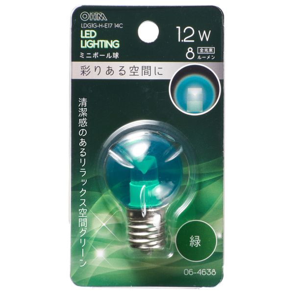 　ギフトサービスについて・商品名: LEDミニボール球(装飾用/1.2W/8lm/クリア緑色/G30/E17)・型番: LDG1G-H-E17 14C・JANコード: 4971275646384・販売元: (株)オーム電機【特長】●LED電球 ミニボール球形 装飾用●清潔感のあるリラックス空間グリーン●切れにくく長寿命●消費電力が少なく、電気代が安い●一般電球と比べ発熱が少ない●緑色 クリア●口金はE17【仕様】■寸法:全長48×最大径30mm■質量:12g■定格消費電力:1.2W■定格電流:13mA■全光束:8 lm■定格寿命:30000h■形状:G30※室内専用(屋外使用禁止)※100V 50/60Hz※次のような器具には使用できません。・調光機能のついた器具(100%点灯でも使用不可)・誘導灯、非常用照明器具・水銀灯器具など・断熱材施工器具(SB、SGl、SG形表示器具など)・直流電源・一般照明用※このほか使用器具の種類によって寸法的、熱的、その他の状況(リモコン機器のついた器具など)により使用できない場合があリます※また、人感スイッチなど自動点灯装置、遅れスイッチや表示付きスイッチなどに使うと正常な作動ができない場合があります※製品の仕様は予告なく変更されることがあります。商品特徴一覧【LED電球 → 装飾用カラー電球 → ミニボール球 ]E17】、LDG1G-H-E17 14C、(株)オーム電機、06-4638、4971275646384、通信販売、通販、販売、買う、購入、お店、売っている、ショッピング【LEDミニボール球(装飾用/1.2W/8lm/クリア緑色/G30/E17) (LDG1G-H-E17 14C)】広告文責(有)イースクエアTEL:0120-532-772・商品名: LEDミニボール球(装飾用/1.2W/8lm/クリア緑色/G30/E17)・型番: LDG1G-H-E17 14C・JANコード: 4971275646384・販売元: (株)オーム電機【特長】●LED電球 ミニボール球形 装飾用●清潔感のあるリラックス空間グリーン●切れにくく長寿命●消費電力が少なく、電気代が安い●一般電球と比べ発熱が少ない●緑色 クリア●口金はE17【仕様】■寸法:全長48×最大径30mm■質量:12g■定格消費電力:1.2W■定格電流:13mA■全光束:8 lm■定格寿命:30000h■形状:G30※室内専用(屋外使用禁止)※100V 50/60Hz※次のような器具には使用できません。・調光機能のついた器具(100%点灯でも使用不可)・誘導灯、非常用照明器具・水銀灯器具など・断熱材施工器具(SB、SGl、SG形表示器具など)・直流電源・一般照明用※このほか使用器具の種類によって寸法的、熱的、その他の状況(リモコン機器のついた器具など)により使用できない場合があリます※また、人感スイッチなど自動点灯装置、遅れスイッチや表示付きスイッチなどに使うと正常な作動ができない場合があります※製品の仕様は予告なく変更されることがあります。※お客さま都合による、ご注文後の[キャンセル][変更][返品][交換]はお受けできませんのでご注意下さいませ。※当店では、すべての商品で在庫を持っておりません。記載の納期を必ずご確認ください。※ご注文いただいた場合でもメーカーの[在庫切れ][欠品][廃盤]などの理由で、[記載の納期より発送が遅れる][発送できない]場合がございます。その際は、当店よりご連絡させていただきます。あらかじめご了承ください。※リニューアル等により パッケージ、仕様、セット内容 が変更になる場合がございます。予めご了承下さい。※製品の詳細については、メーカーの製品ページをご覧ください。こちらの商品は【お取り寄せ(5〜7営業日以内に発送予定)】となります。あらかじめご了承くださいませ。