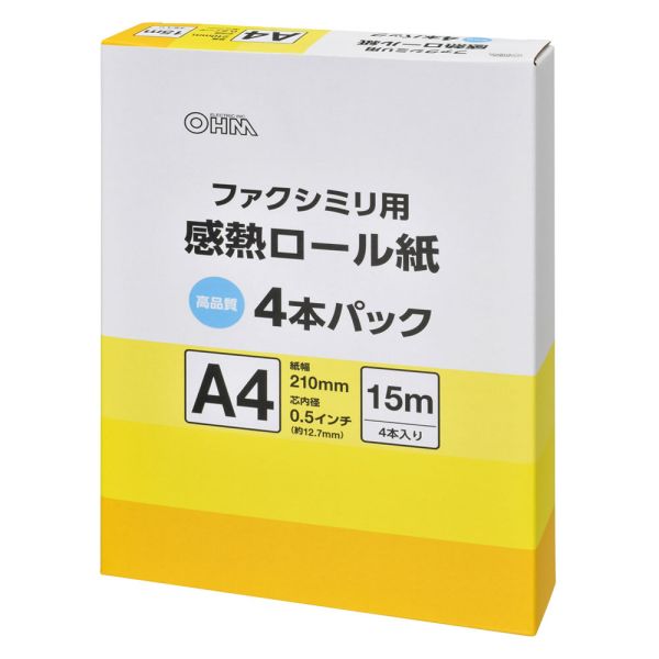 　ギフトサービスについて・商品名: FAX用 感熱ロール紙 A4 15m 4本パック・型番: OA-FTRA15Q・JANコード: 4971275107281・販売元: (株)オーム電機【特長】●高品質なファクシミリ用感熱ロール紙【仕様】■A4サイズ・15m■紙幅:210mm■芯内径:0.5インチ(約12.7mm)■4本入り※製品の仕様は予告なく変更されることがあります。商品特徴一覧【電話・FAX・スマホ用品 → ファクス用紙】、OA-FTRA15Q、(株)オーム電機、01-0728、4971275107281、通信販売、通販、販売、買う、購入、お店、売っている、ショッピング【FAX用 感熱ロール紙 A4 15m 4本パック (OA-FTRA15Q)】広告文責(有)イースクエアTEL:0120-532-772・商品名: FAX用 感熱ロール紙 A4 15m 4本パック・型番: OA-FTRA15Q・JANコード: 4971275107281・販売元: (株)オーム電機【特長】●高品質なファクシミリ用感熱ロール紙【仕様】■A4サイズ・15m■紙幅:210mm■芯内径:0.5インチ(約12.7mm)■4本入り※製品の仕様は予告なく変更されることがあります。※お客さま都合による、ご注文後の[キャンセル][変更][返品][交換]はお受けできませんのでご注意下さいませ。※当店では、すべての商品で在庫を持っておりません。記載の納期を必ずご確認ください。※ご注文いただいた場合でもメーカーの[在庫切れ][欠品][廃盤]などの理由で、[記載の納期より発送が遅れる][発送できない]場合がございます。その際は、当店よりご連絡させていただきます。あらかじめご了承ください。※リニューアル等により パッケージ、仕様、セット内容 が変更になる場合がございます。予めご了承下さい。※製品の詳細については、メーカーの製品ページをご覧ください。こちらの商品は【お取り寄せ(5〜7営業日以内に発送予定)】となります。あらかじめご了承くださいませ。