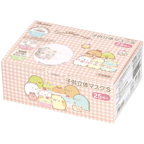 　ギフトサービスについて【メール便(定形外郵便)の配送について】※こちらの商品は、[メール便(定形外郵便)]での発送となります。※他商品との同梱された場合は、[宅配便]での発送となり通常の送料が掛かります。※[他商品との同梱][代金引換][配達日時指定]でのご注文をお受けできません。※原則ポスト投函となります。通常の[宅配便]と違い配達までのお時間が掛かる場合があります。防塵効果に優れた3層構造の小さめサイズの子供立体マスク。25枚入り。対象年齢は2〜3才。風邪や花粉の時期におすすめ。不織布の表地、フィルタ、裏地の3層構造。フィルタが花粉やウイルス飛沫などを99%カット。立体構造なので顔にフィット。口元に快適スペースを作るので息苦しさが和らぐ。ゴム紐には耳が痛くなりにくいやわらか素材の平ゴムを使用。※有害な粉塵やガス等の発生する場所では使用できない。※使い切り商品なので洗濯による再使用はできない。■サイズ・容量: 2つ折り時/約100×90mm(ゴムを除く最大サイズ)■生産地:中国■素材・成分:表地/ポリエステルフィルタ・裏地/ポリプロピレン耳ひも部/ポリエステル、ポリウレタン■パッケージ:個別箱■商品札:無し商品特徴一覧スケーター(Skater)、605253-MSKB25、サンエックス、生活雑貨 → 日用品 → 衛生用品 → マスク、すみっコぐらし、スケーター、サンエックス、布、おかし、子供立体マスク S 箱入 25枚入、4973307605253、通信販売、通販、販売、買う、購入、お店、売っている、ショッピング【子供立体マスク S 箱入 25枚入 不織布 スケーター】広告文責(有)イースクエアTEL:0120-532-772防塵効果に優れた3層構造の小さめサイズの子供立体マスク。25枚入り。対象年齢は2〜3才。風邪や花粉の時期におすすめ。不織布の表地、フィルタ、裏地の3層構造。フィルタが花粉やウイルス飛沫などを99%カット。立体構造なので顔にフィット。口元に快適スペースを作るので息苦しさが和らぐ。ゴム紐には耳が痛くなりにくいやわらか素材の平ゴムを使用。※有害な粉塵やガス等の発生する場所では使用できない。※使い切り商品なので洗濯による再使用はできない。■サイズ・容量: 2つ折り時/約100×90mm(ゴムを除く最大サイズ)■生産地:中国■素材・成分:表地/ポリエステルフィルタ・裏地/ポリプロピレン耳ひも部/ポリエステル、ポリウレタン■パッケージ:個別箱■商品札:無し※お客さま都合による、ご注文後の[キャンセル][変更][返品][交換]はお受けできませんのでご注意下さいませ。※当店では、すべての商品で在庫を持っておりません。記載の納期を必ずご確認ください。※ご注文いただいた場合でもメーカーの[在庫切れ][欠品][廃盤]などの理由で、[記載の納期より発送が遅れる][発送できない]場合がございます。その際は、当店よりご連絡させていただきます。あらかじめご了承ください。※リニューアル等により パッケージ、仕様、セット内容 が変更になる場合がございます。予めご了承下さい。【メール便(定形外郵便)の配送について】※こちらの商品は、[メール便(定形外郵便)]での発送となります。※他商品との同梱された場合は、[宅配便]での発送となり通常の送料が掛かります。※[他商品との同梱][代金引換][配達日時指定]でのご注文をお受けできません。※原則ポスト投函となります。通常の[宅配便]と違い配達までのお時間が掛かる場合があります。こちらの商品は【お取り寄せ(7〜10営業日以内に発送予定)】となります。あらかじめご了承くださいませ。
