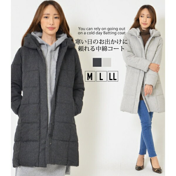 コートM L LL ロングプルオーバー レディース 長そで ウール混 中綿 ツイード ウエストリボン あったか [キャンセル・変更・返品不可]